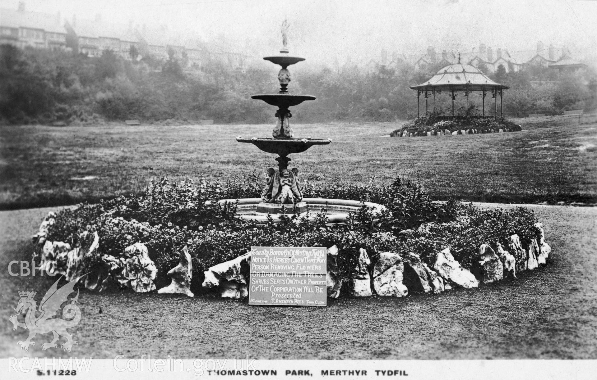 Digitised copy of a 1922  black and white postcard showing Thomastown Park, Merthyr Tydfil,  from the Kingsway Real Photo Series, loaned for copying by Daryl Leeworthy.