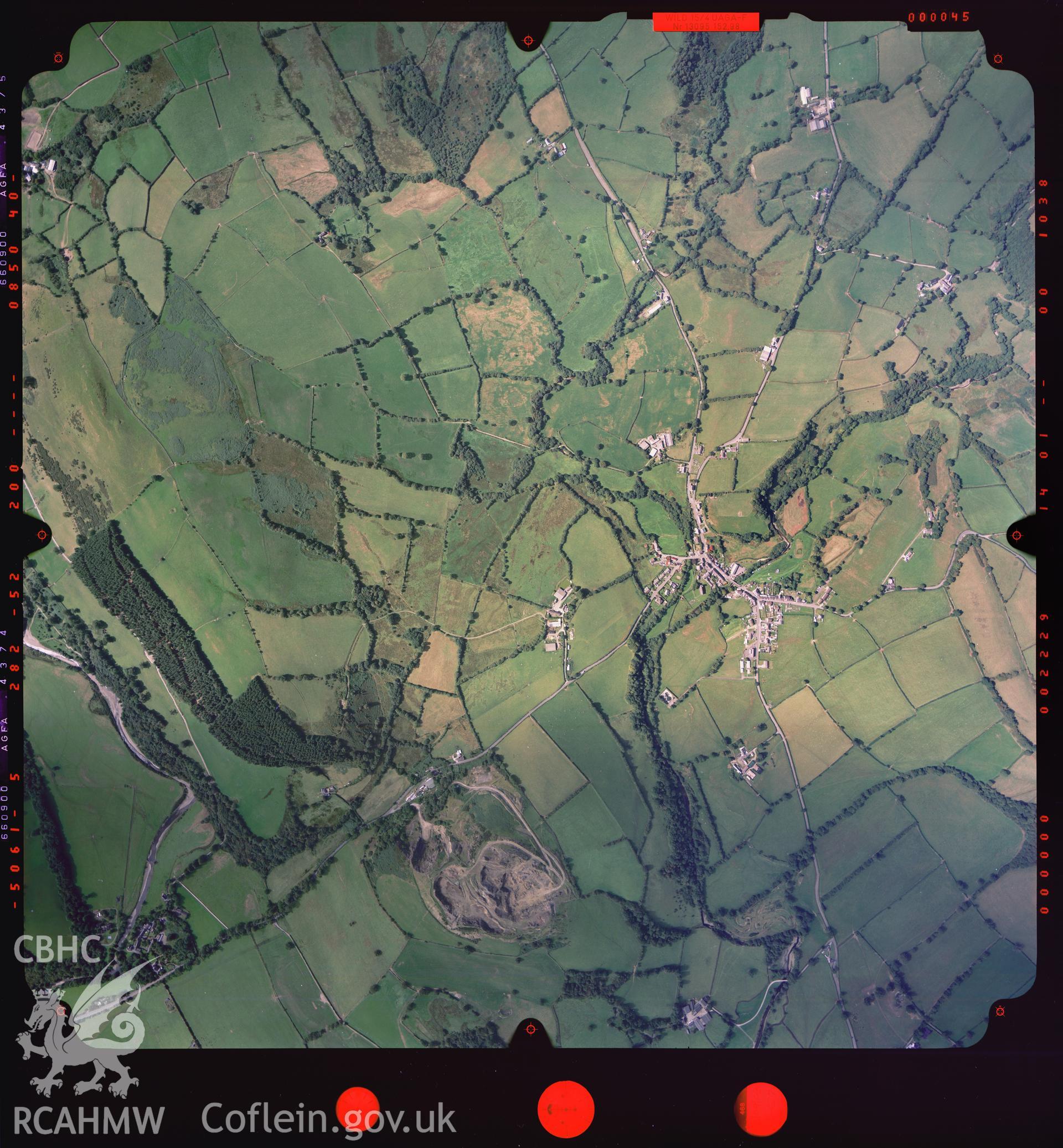 Digitized copy of a colour aerial photograph showing the area around Llansawel, taken by Ordnance Survey, 2003.