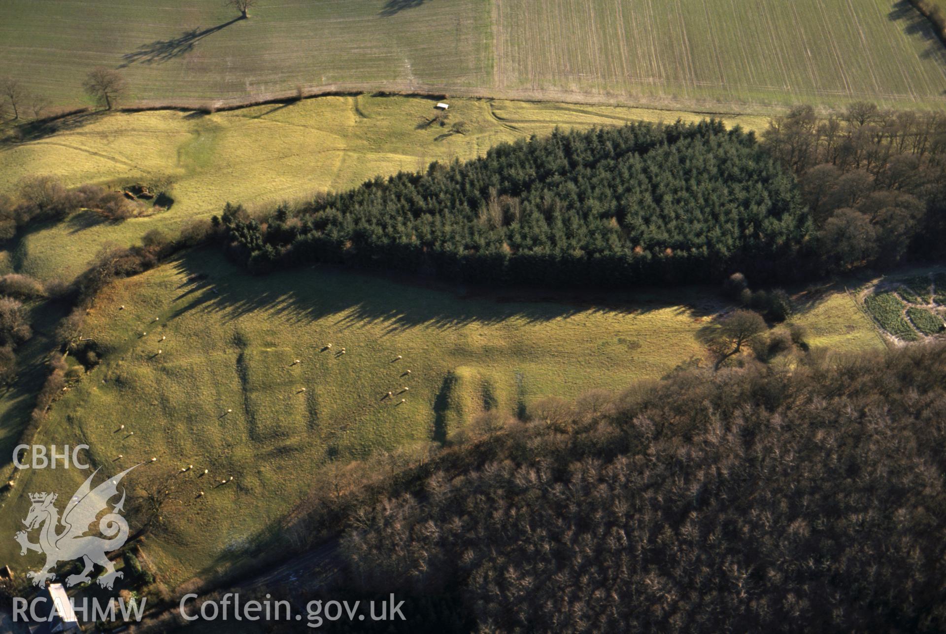 RCAHMW colour slide aerial photograph of Cowthers Coppice , settlement Earthworks. Taken by C R Musson on 02/01/1995