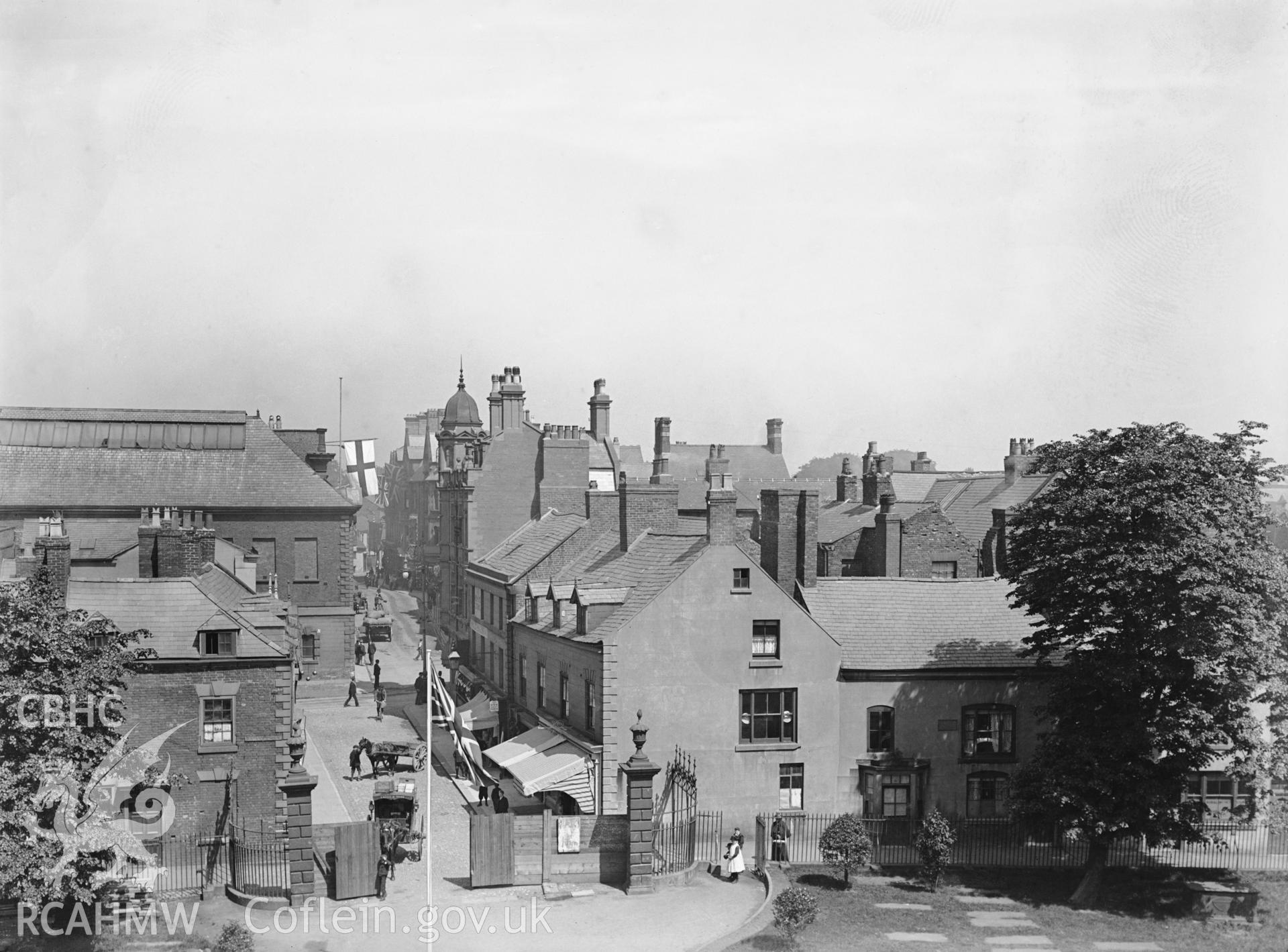 Black and white photograph showing Wrexham, looking from the church tower