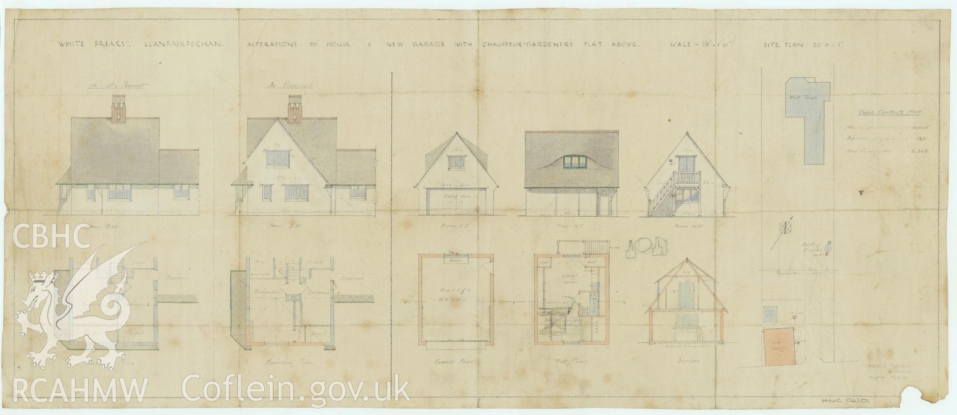 Plans and elevations relating to Whitefriars, West Shore, Llanfairfechan, Conwy: New Garage with Chauffeur-Gardener's Fla. Above.
