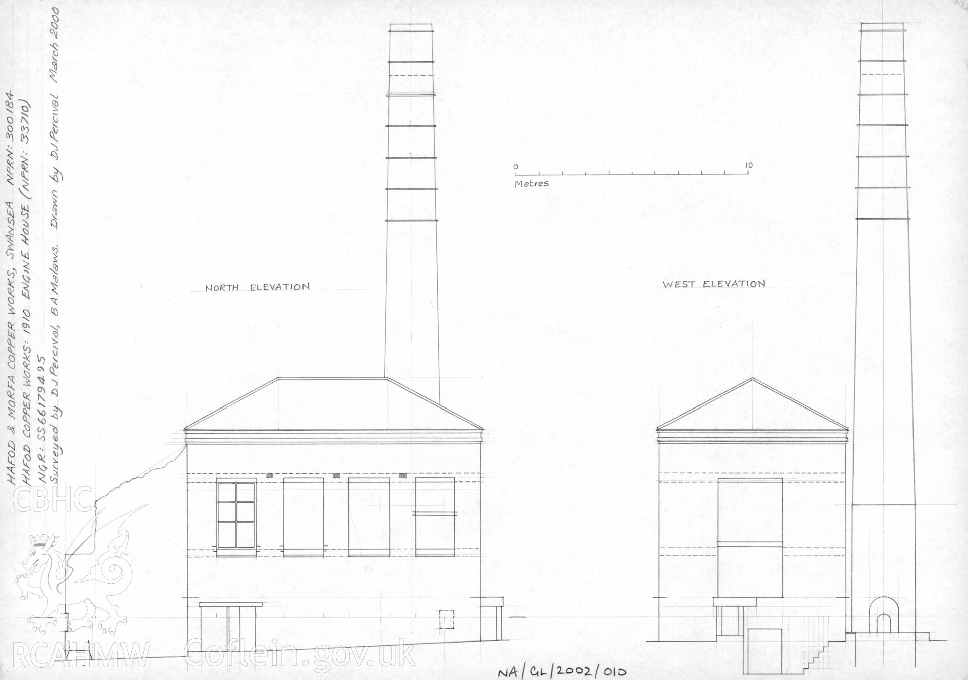 Measured survey comprising north and west elevation views of the 1910 engine house at Hafod and Morfa Copperworks, drawn by David Percival, March 2000.