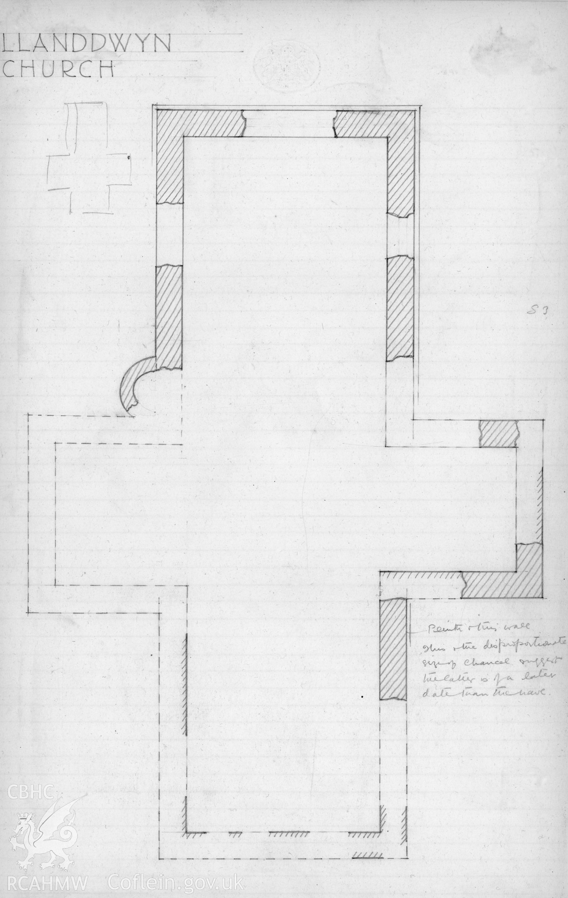 Investigator's report concerning St Dwynwen's Church, Newborough, including pencil sketch plan.