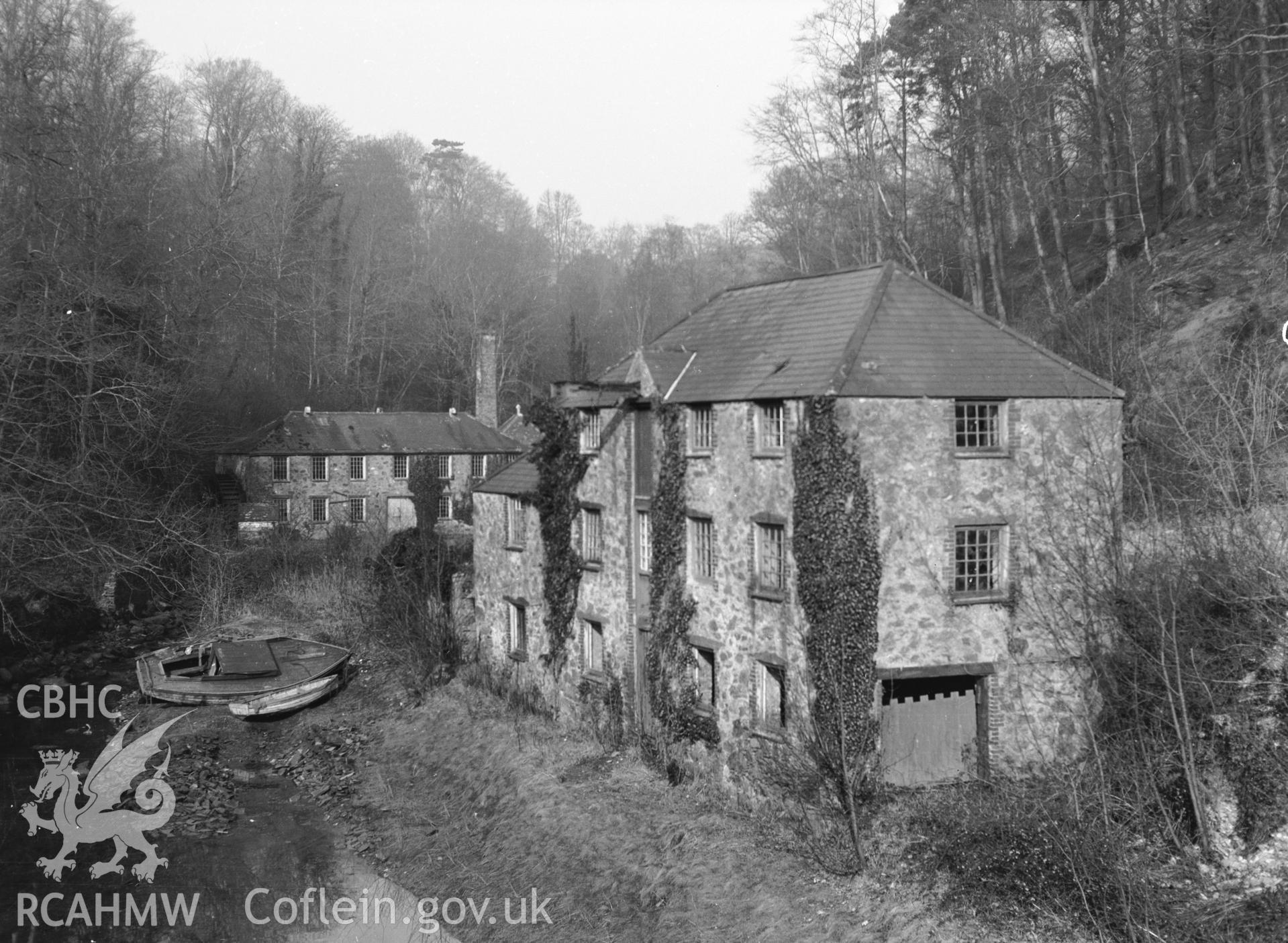 Digitised copy of a black and white negative showing Cadnant Woollen Mill, produced by RCAHMW, before 1960.