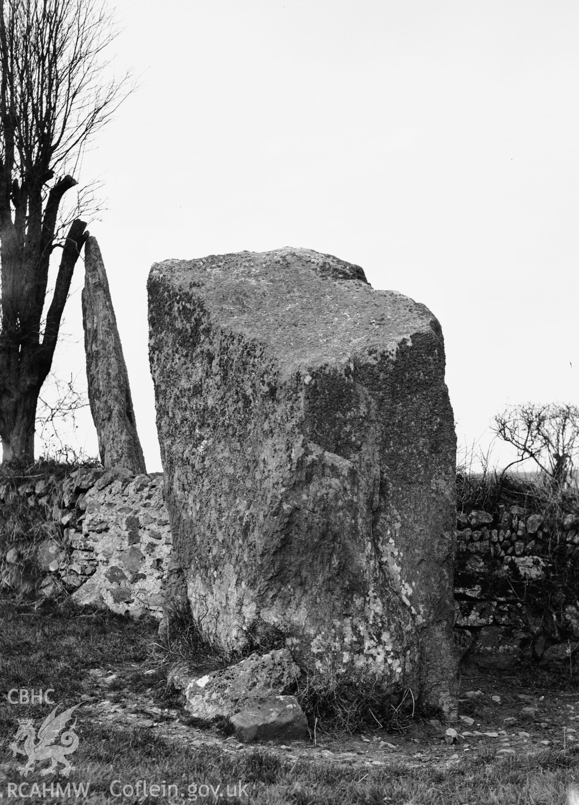 One black and white photograph showing Bryngwyn stone, taken by RCAHMW , before 1960.