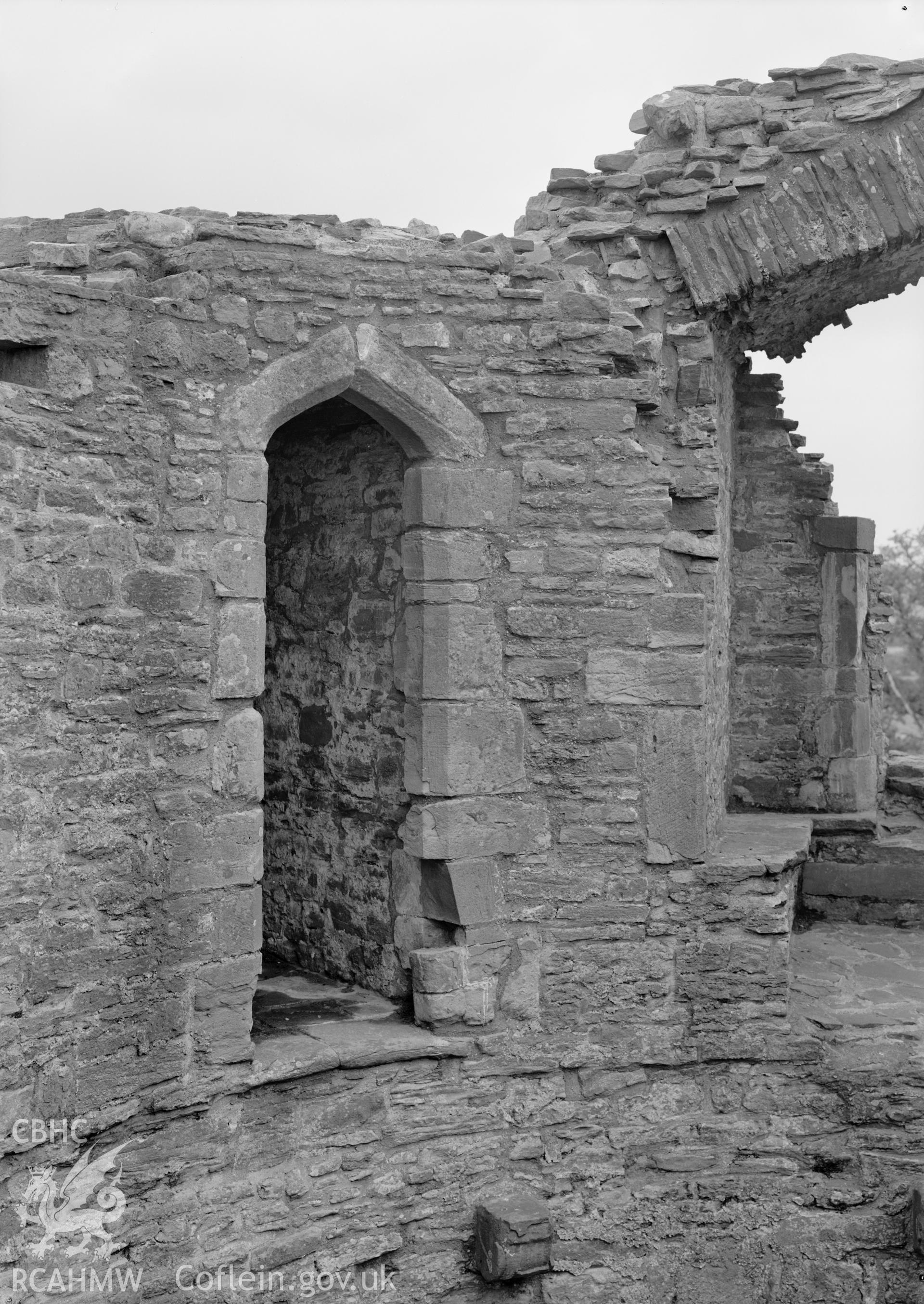 D.O.E photographs of Bronllys Castle Tower - interior guarderobe entry on top floor.