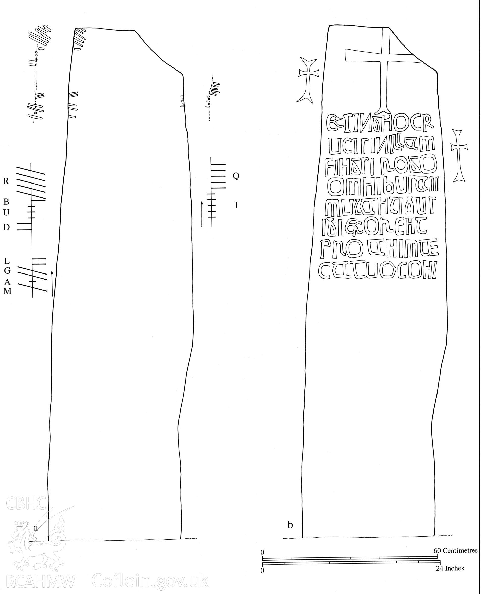 Measured drawing of the ogam inscribed stone at Caldey Priory Church, as published in "A Corpus of Early Medival Inscribed Stones and Stone Sculptures in Wales" volume II South-east Wales, fig no P6.4