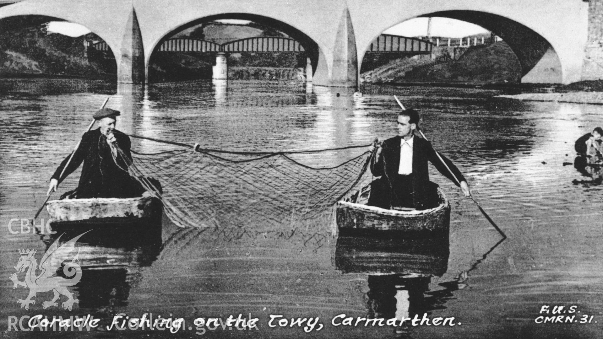 Copy of b/w postcard showing coracle fishing on the Towy, Carmarthen. Copied from original loaned by Thomas Lloyd.  Copy negative held.