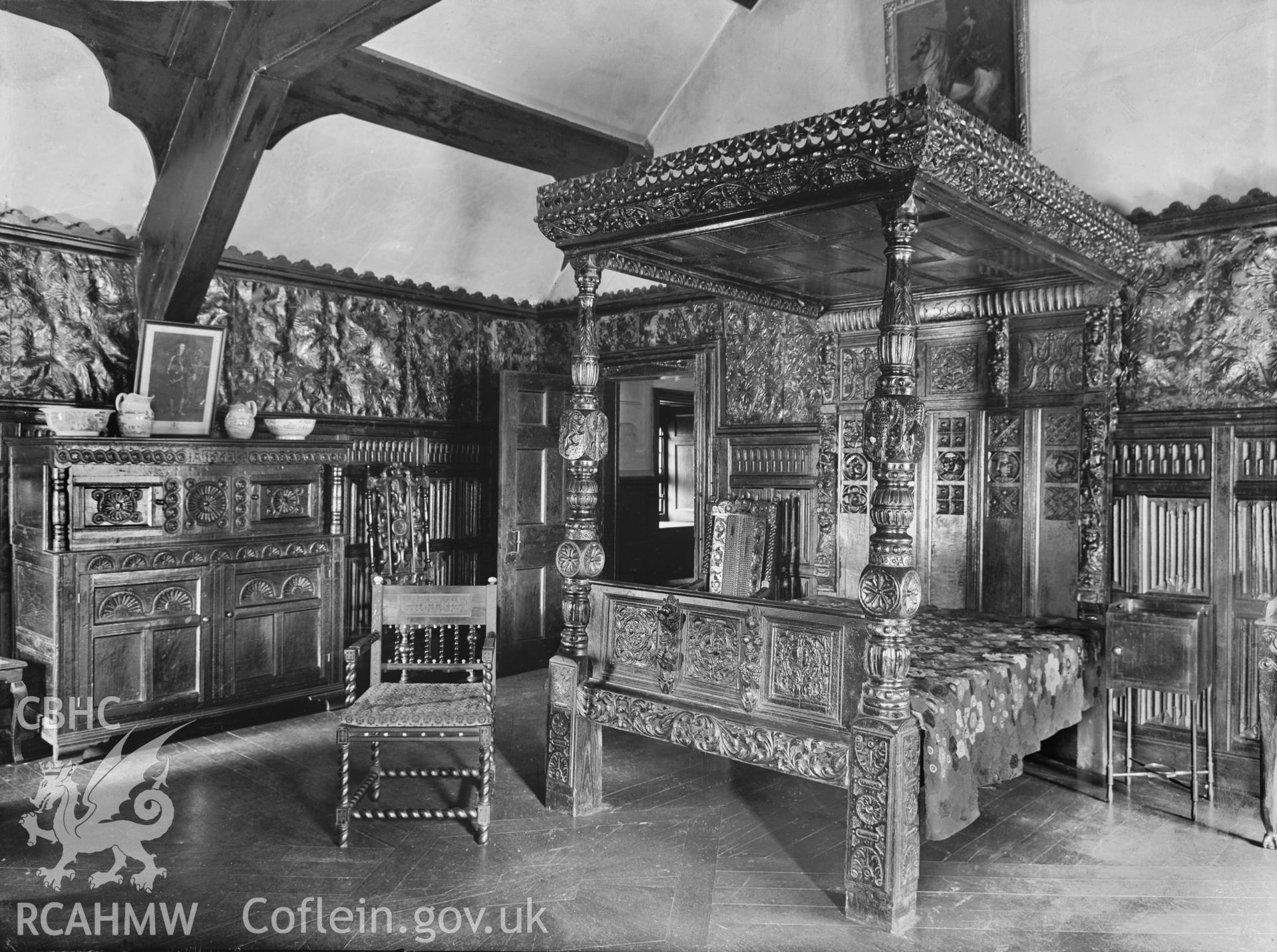 Interior view showing state bedroom at Gwydir Castle.