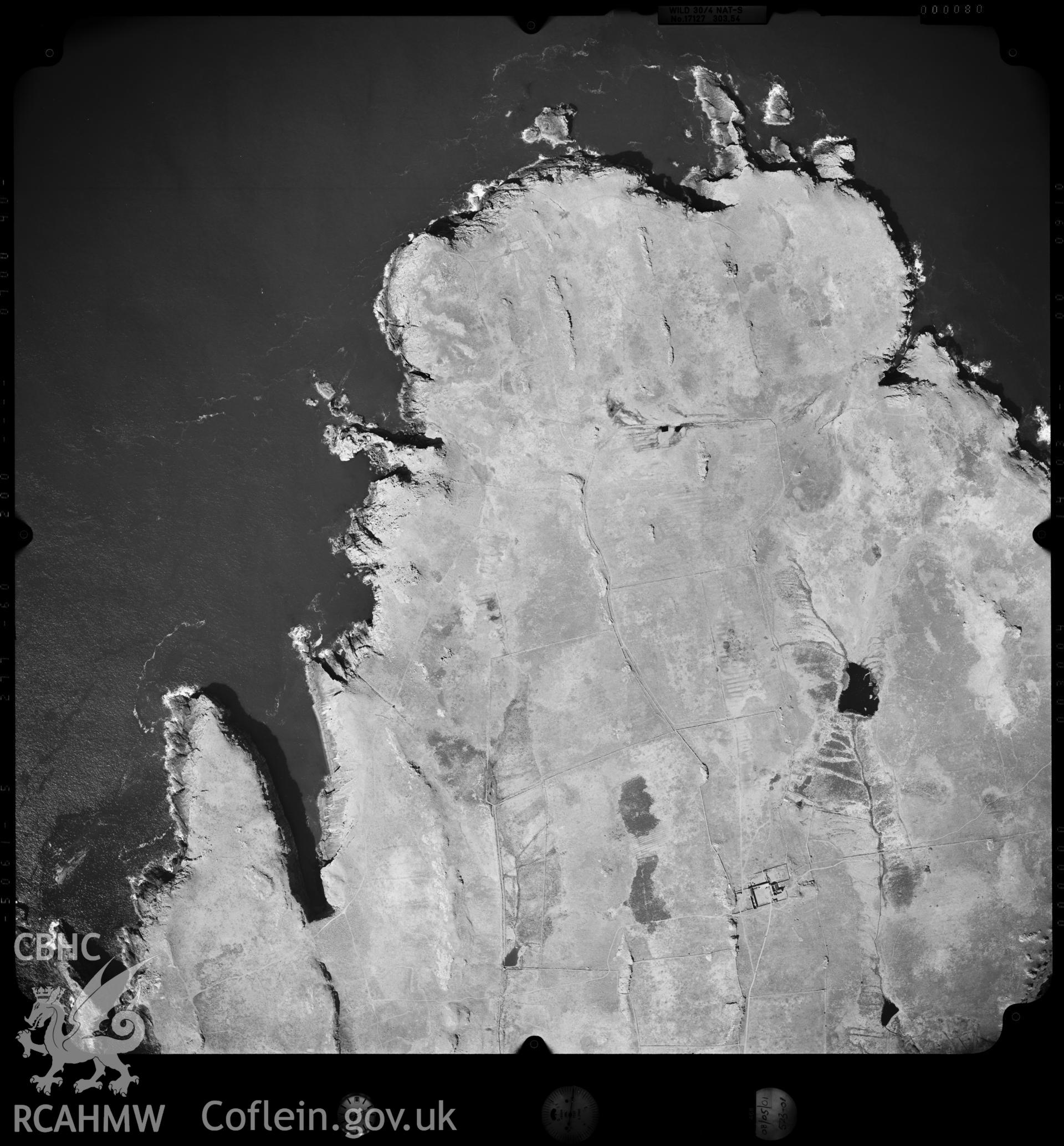 Digitized copy of an aerial photograph showing Skomer Island, taken by Ordnance Survey,  2001.