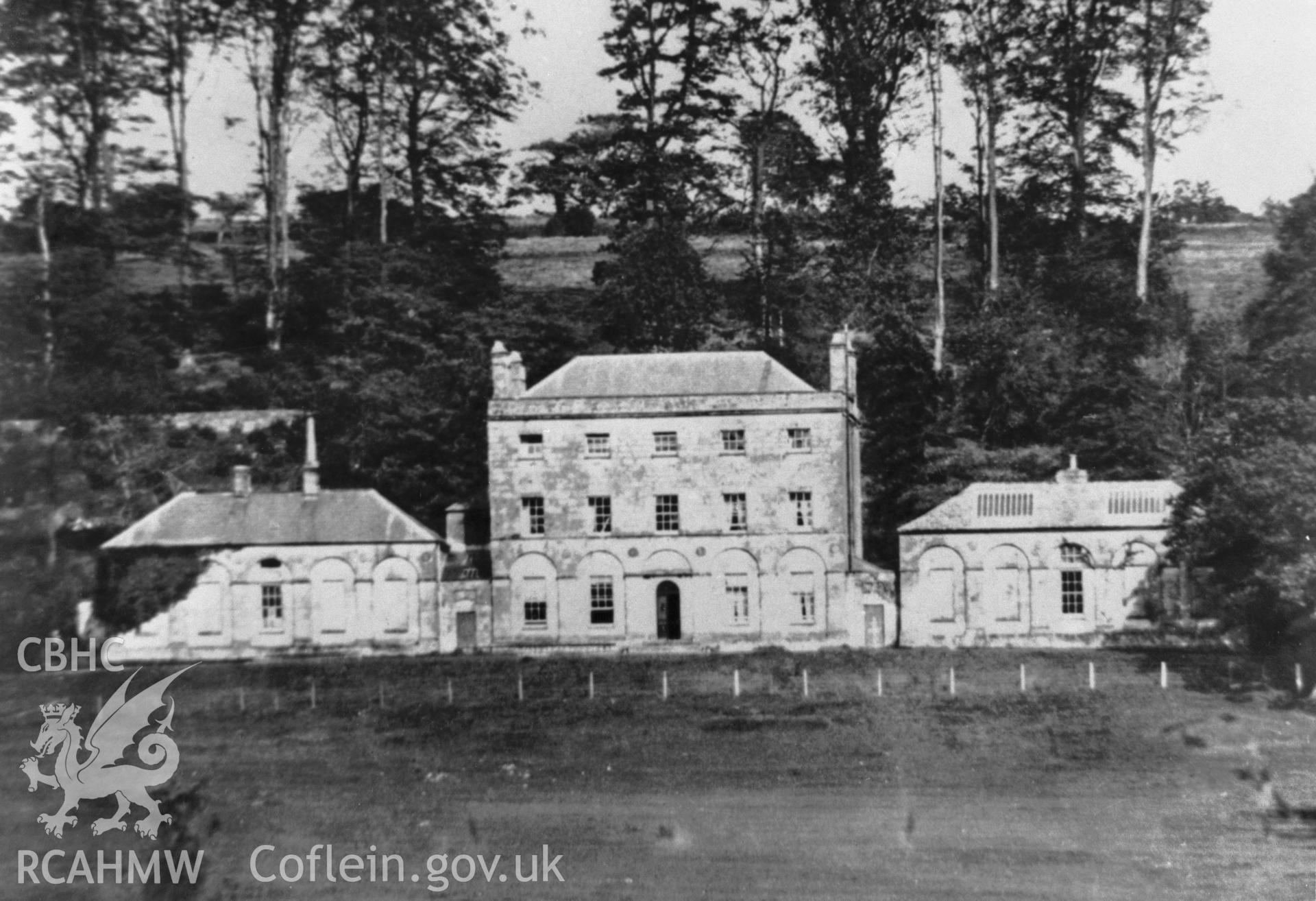 Black and white photograph showing exterior view of Coytrahen House, copied from a  photograph loaned for copying by Thomas Lloyd.