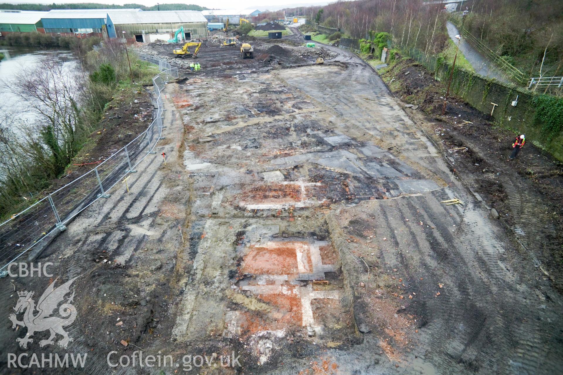 Aerial view of excavated foundations on south of site.