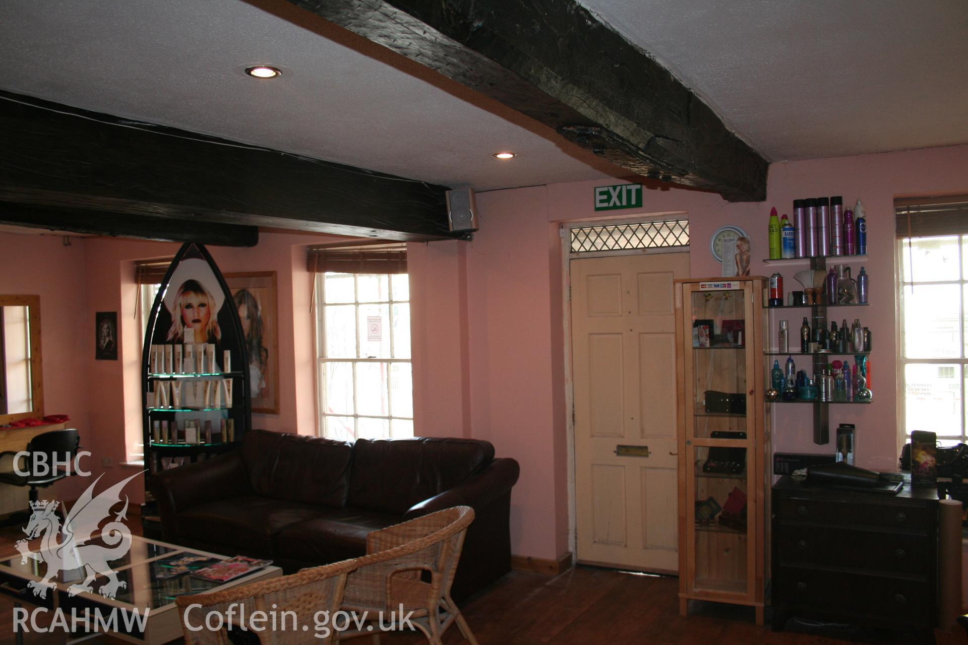 Interior, ground-floor, east wall & ceiling-beams