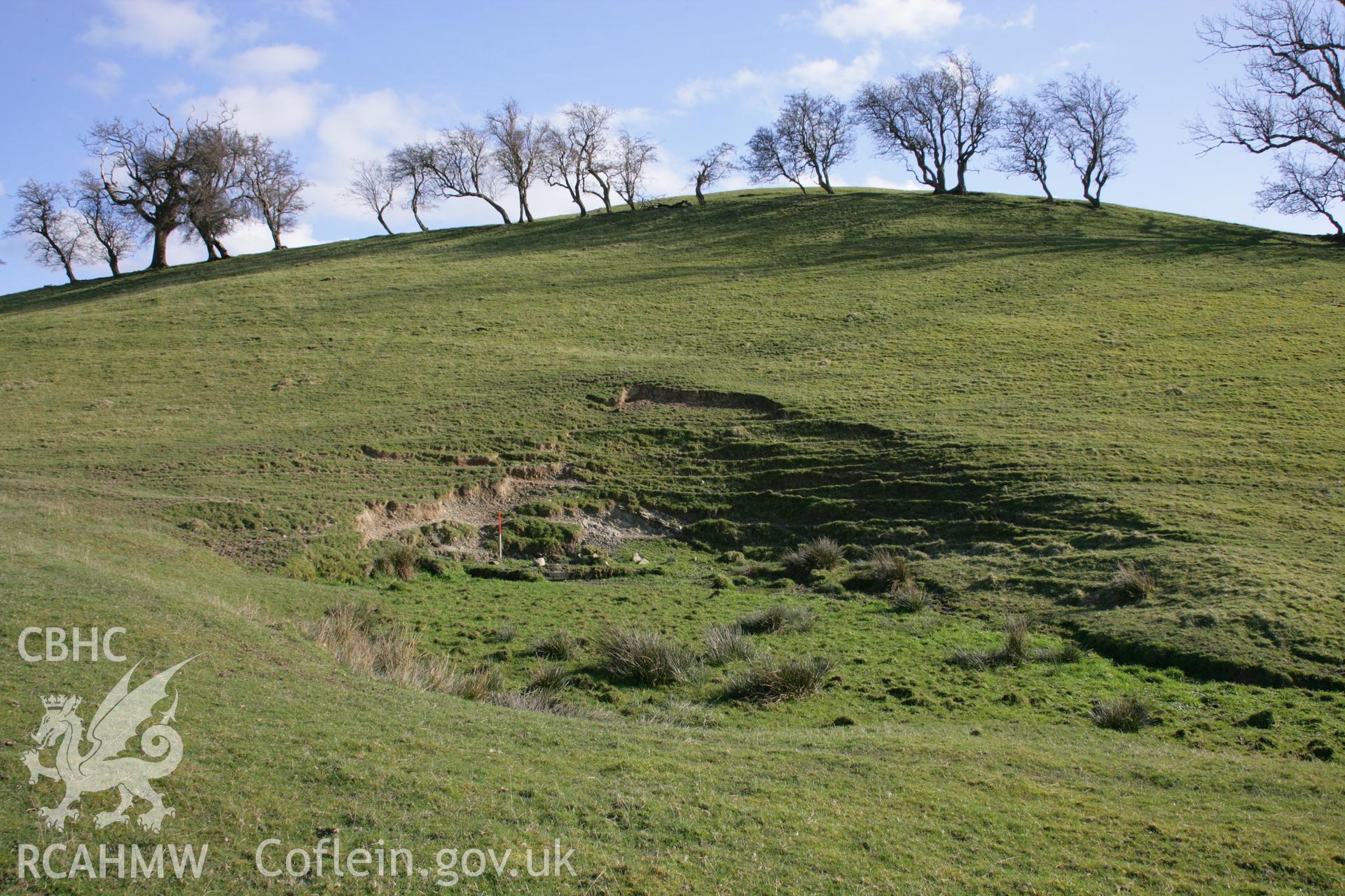 Pentre Camp: general view from north of prominent spring below and to the north of hillfort (on hill above).