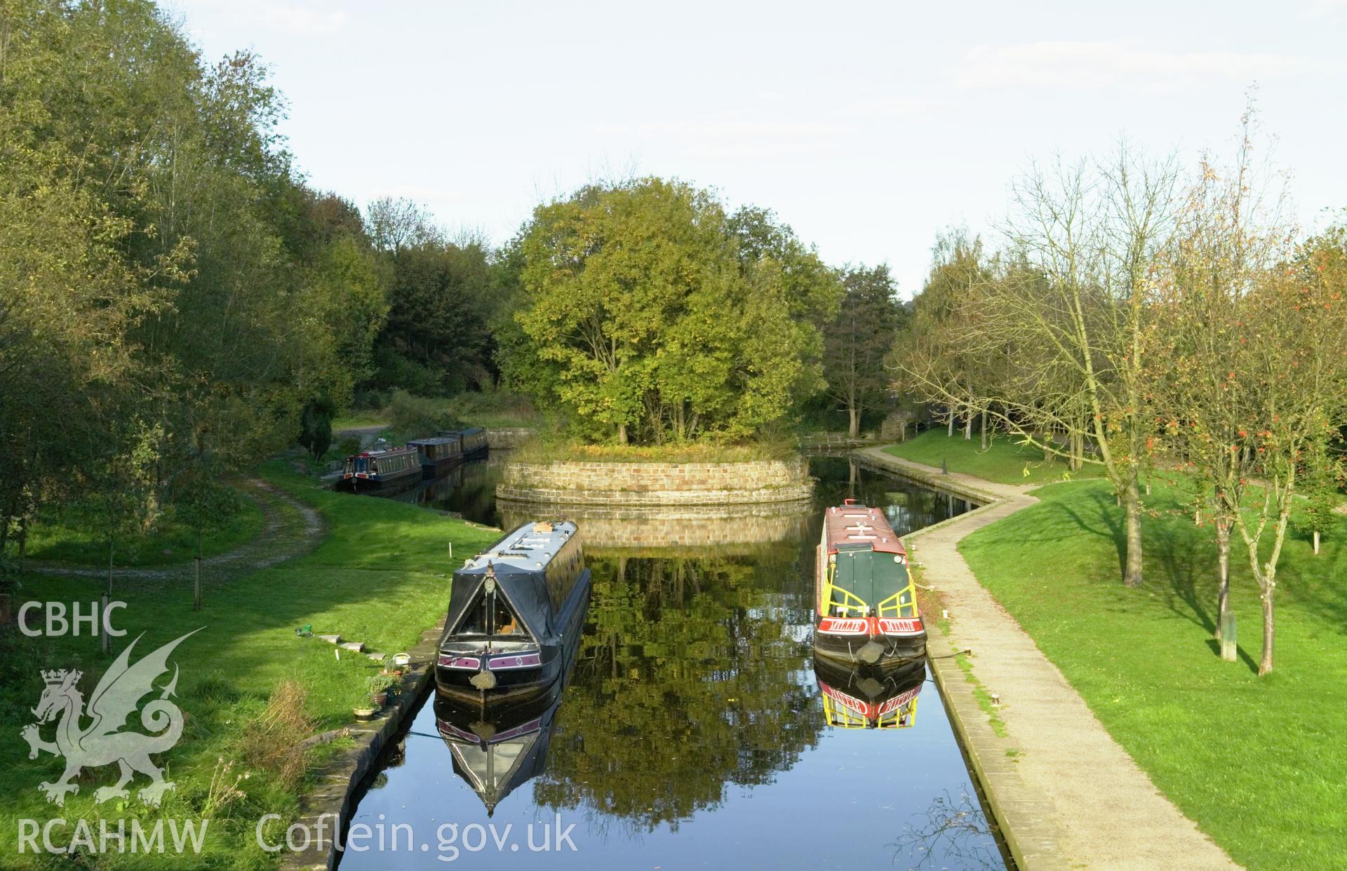 High viewpoint of docking area from road bridge.