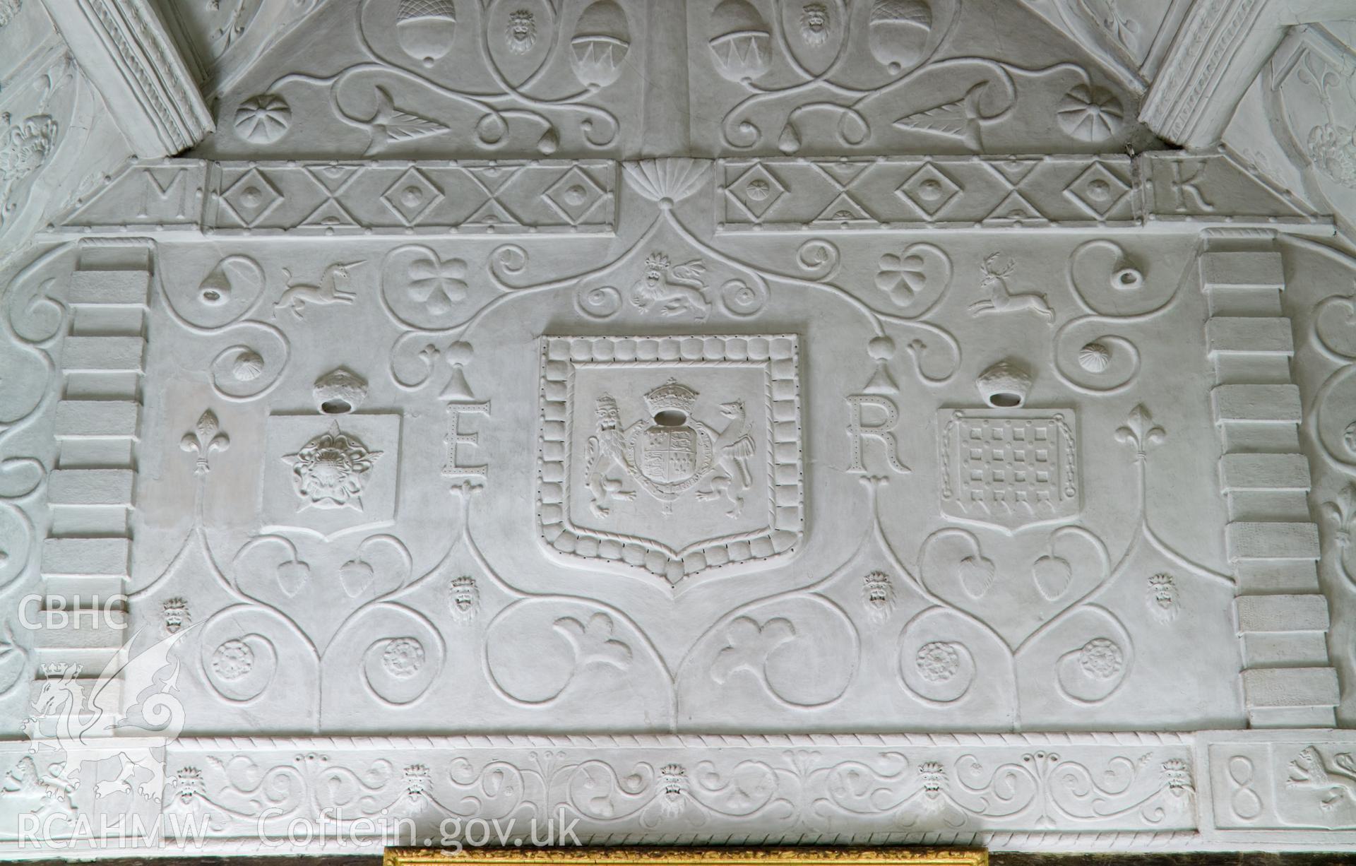 Detail of Royal Crest in plasterwork on northwest wall.