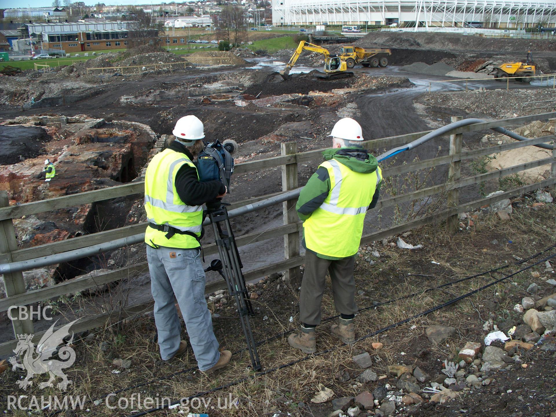 TV filming at the Copperworks for 'Hidden Histories' BBC2 Wales series, N end of works to left, John & Richard Edwards right.