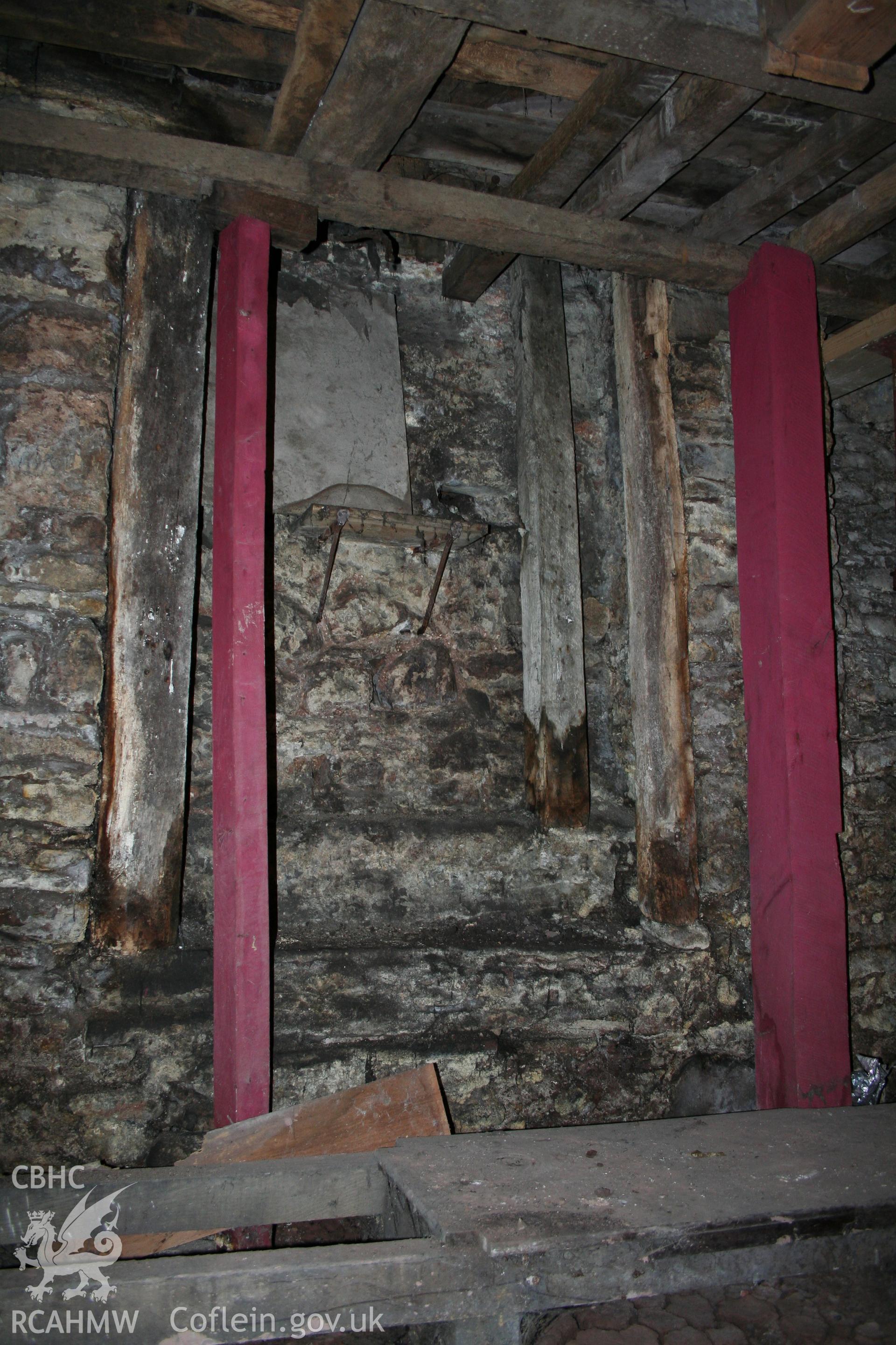 The King's Arms, Abergavenny. Interior, cellar stair detail of chamfered beam& stop over.