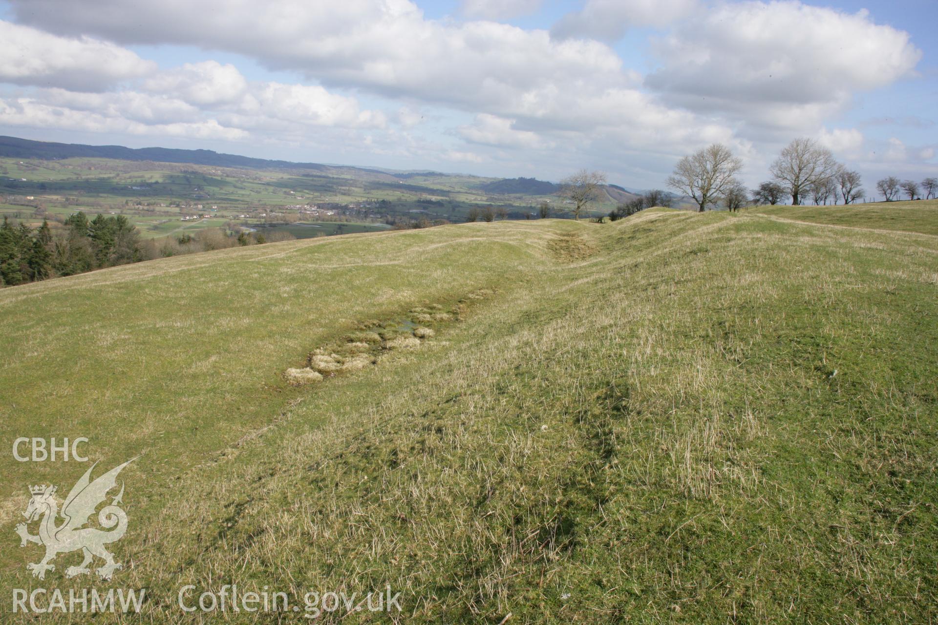 Cefn Carnedd: view east along main northern ramparts in central part of fort, showing waterlogged ground in ditch base.
