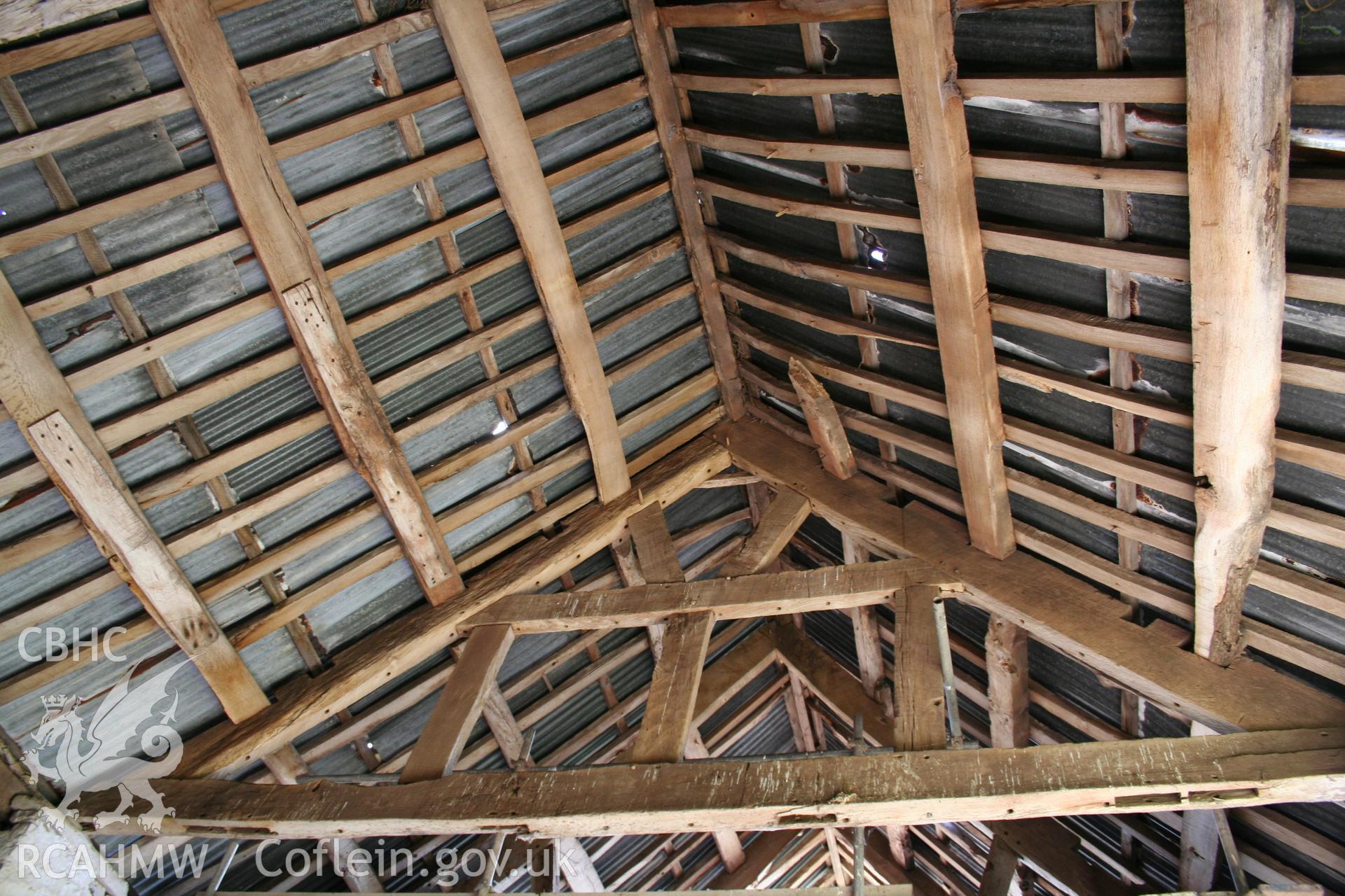 Interior of framed barn,  tie-beam & collar end-truss.