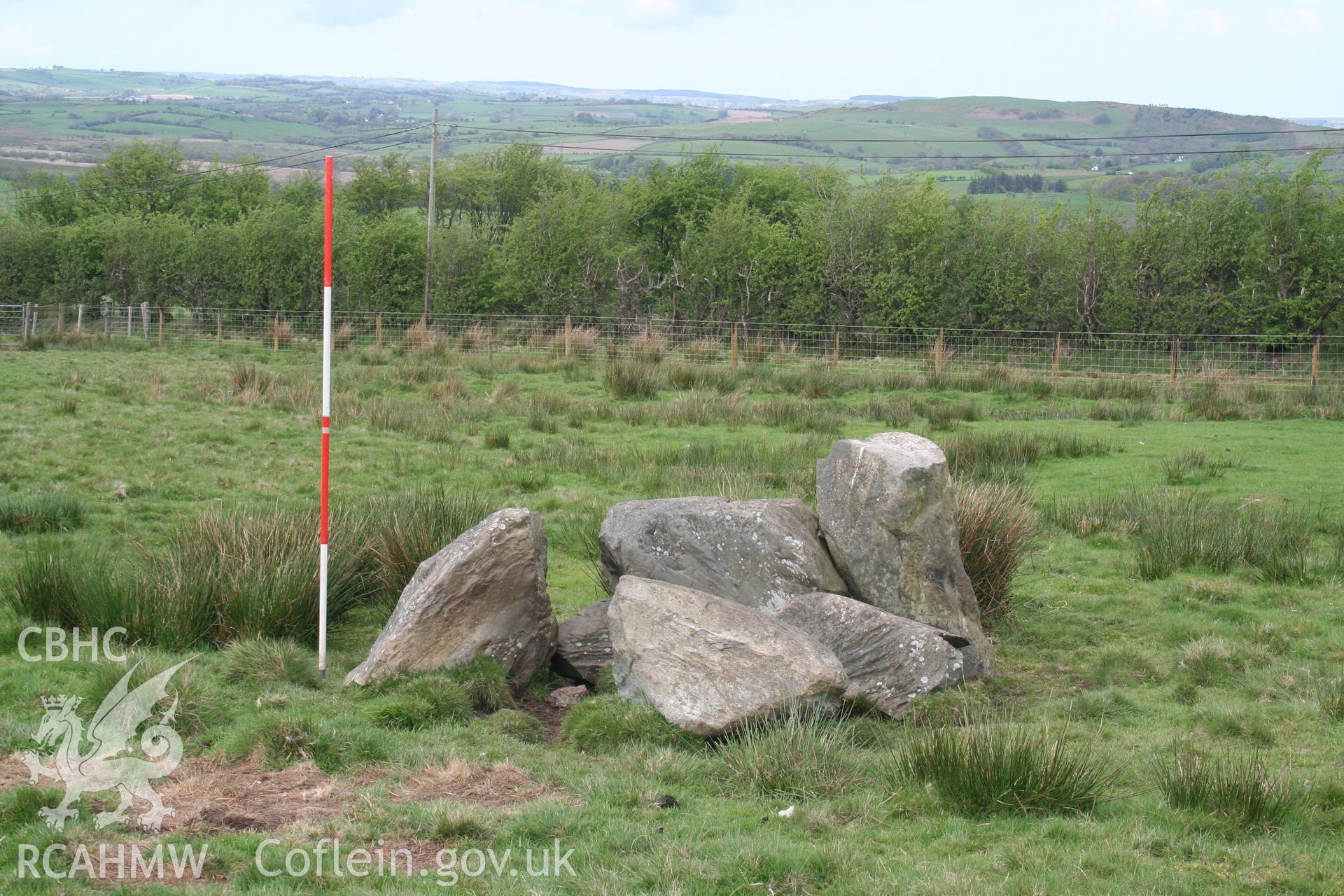 Llys Athro, possible clearance cairn. Boulder pile viewed from the south-east; 2m scale.