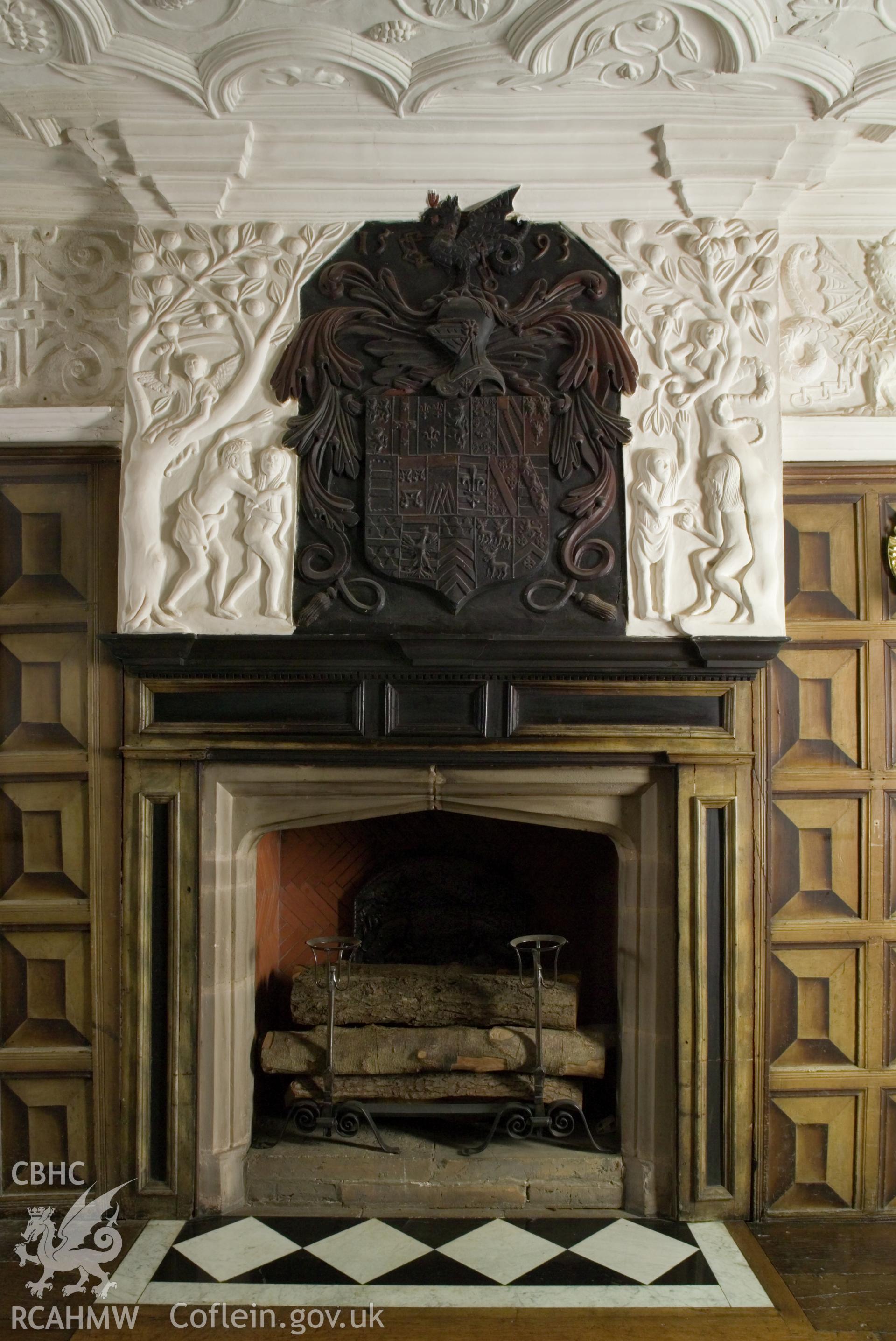 Long gallery, fireplace with decorated plaster overmantle.