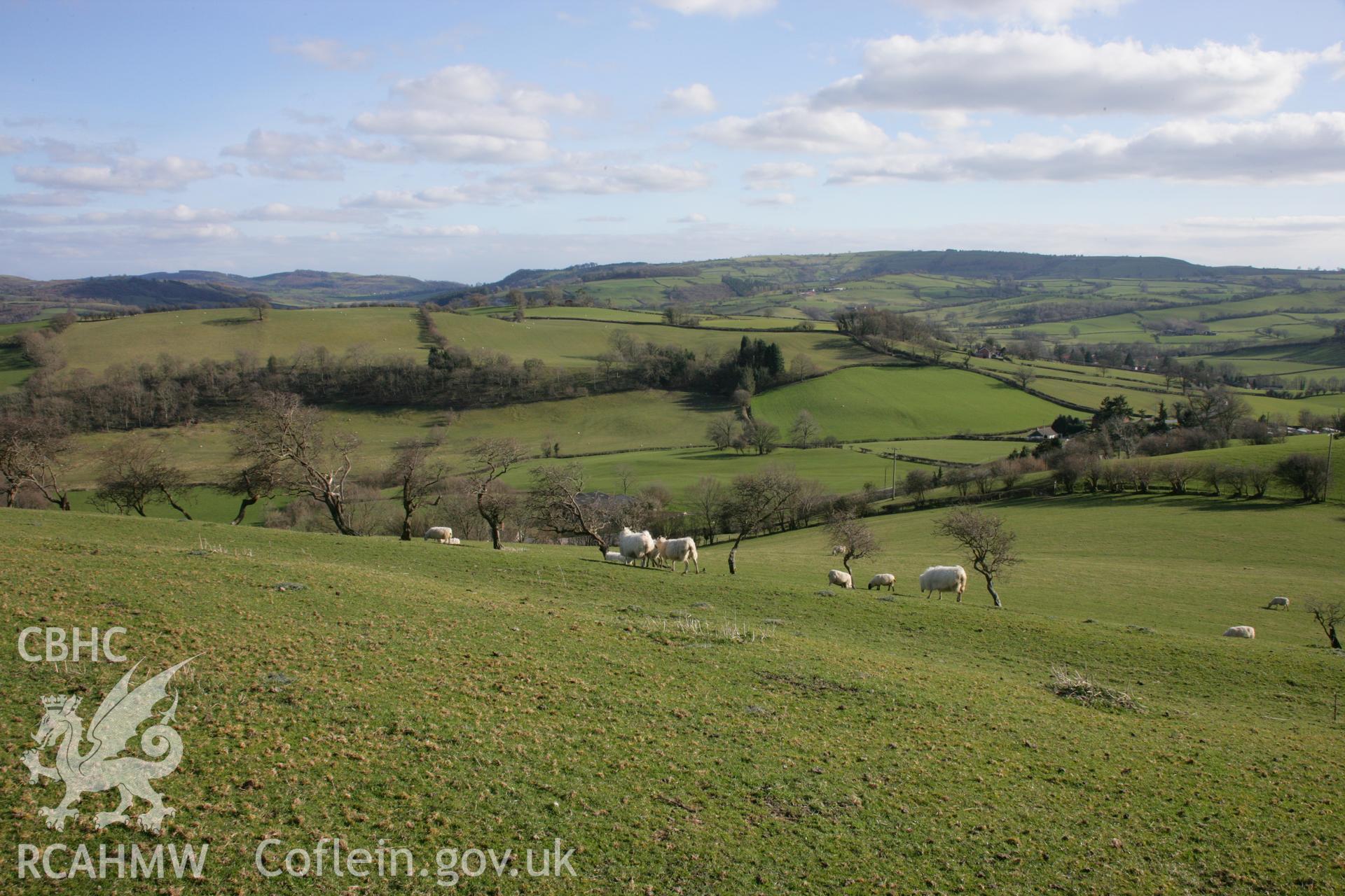 Pentre Camp: view of south-eastern hillfort defences, from inside the hillfort