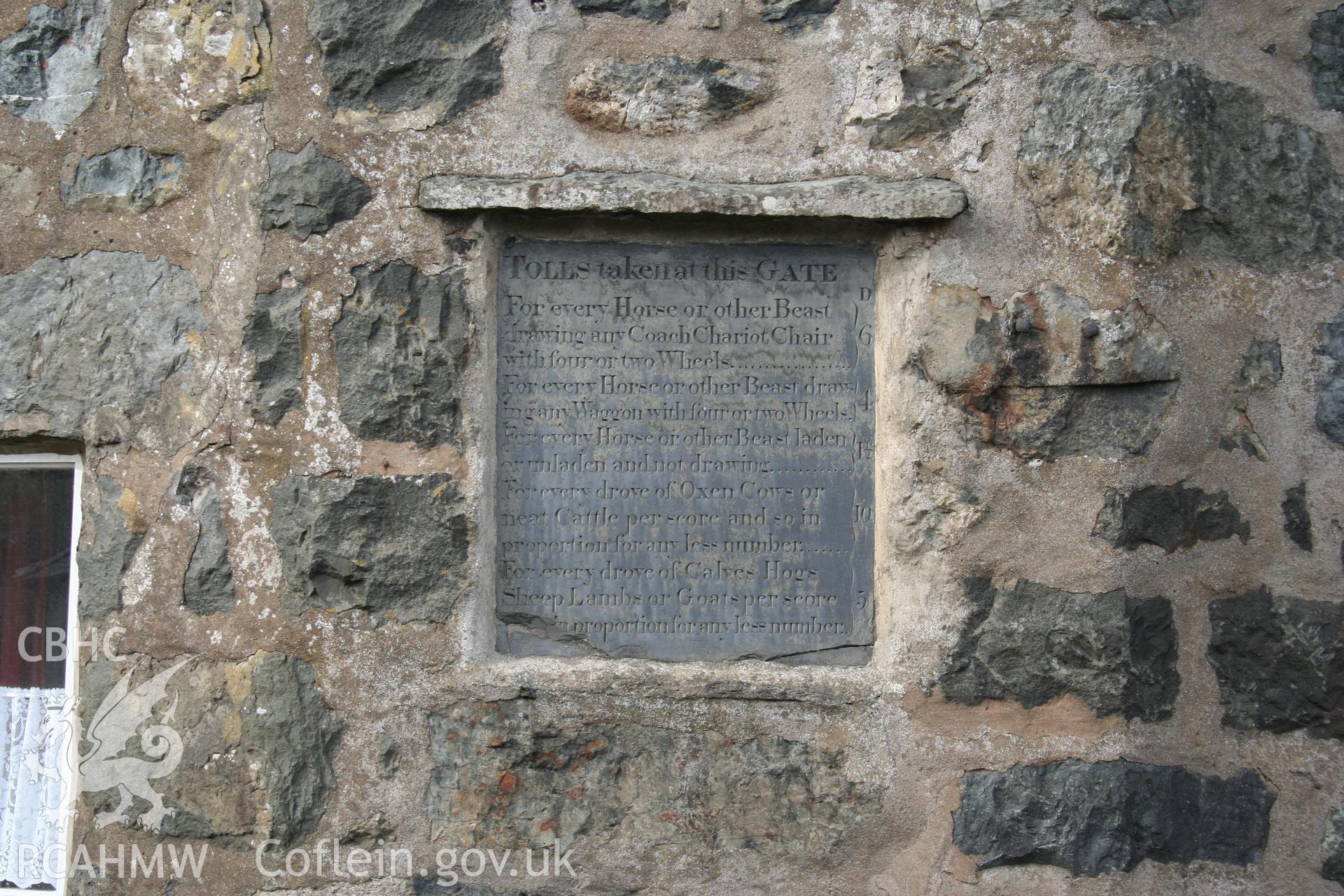 Y Bwthyn, Pont Fronwydd, Rhydymain. Detail of slate tariff board.