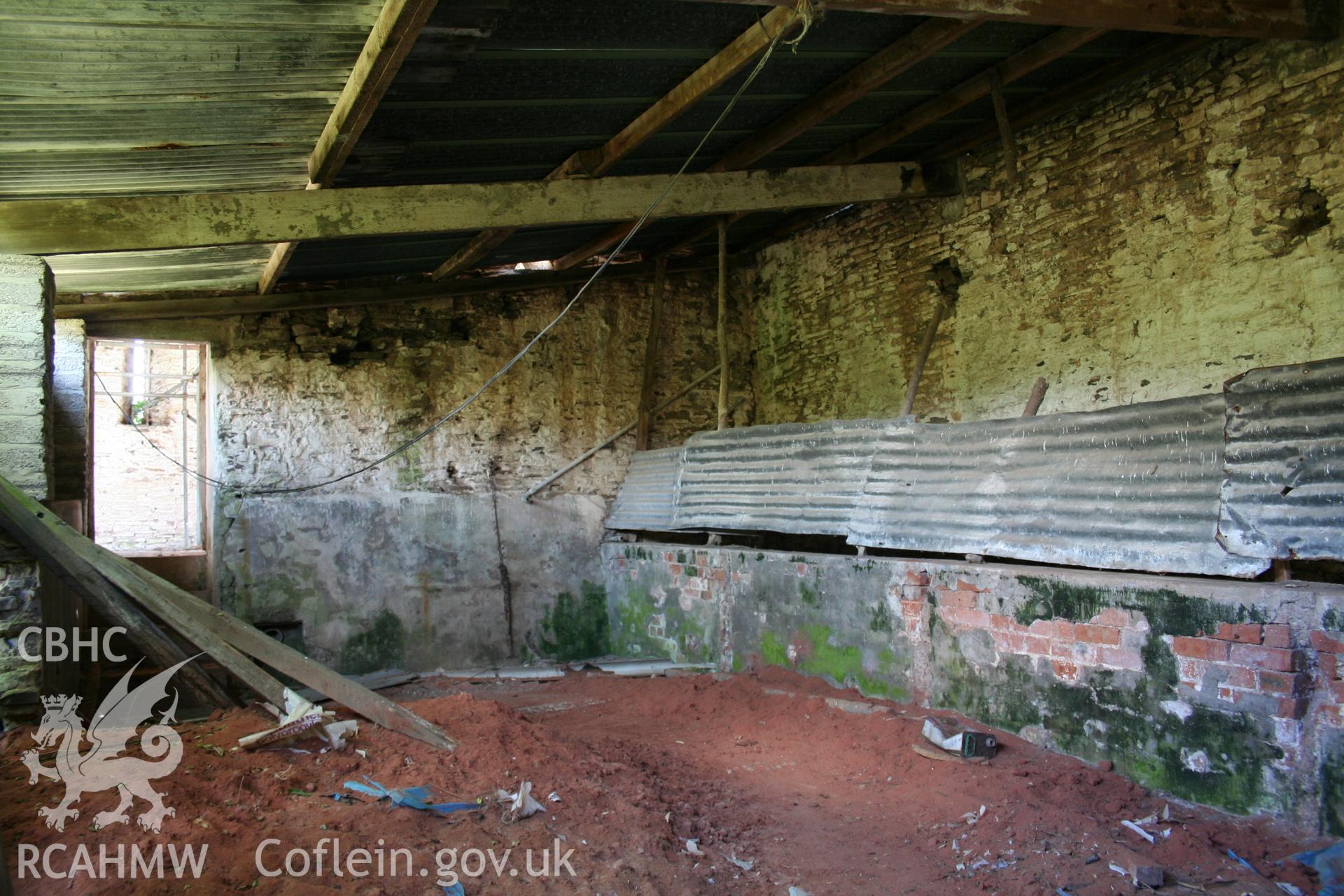 Interior  of cow-house at right angles to barn with manger to right and doorway to barn.