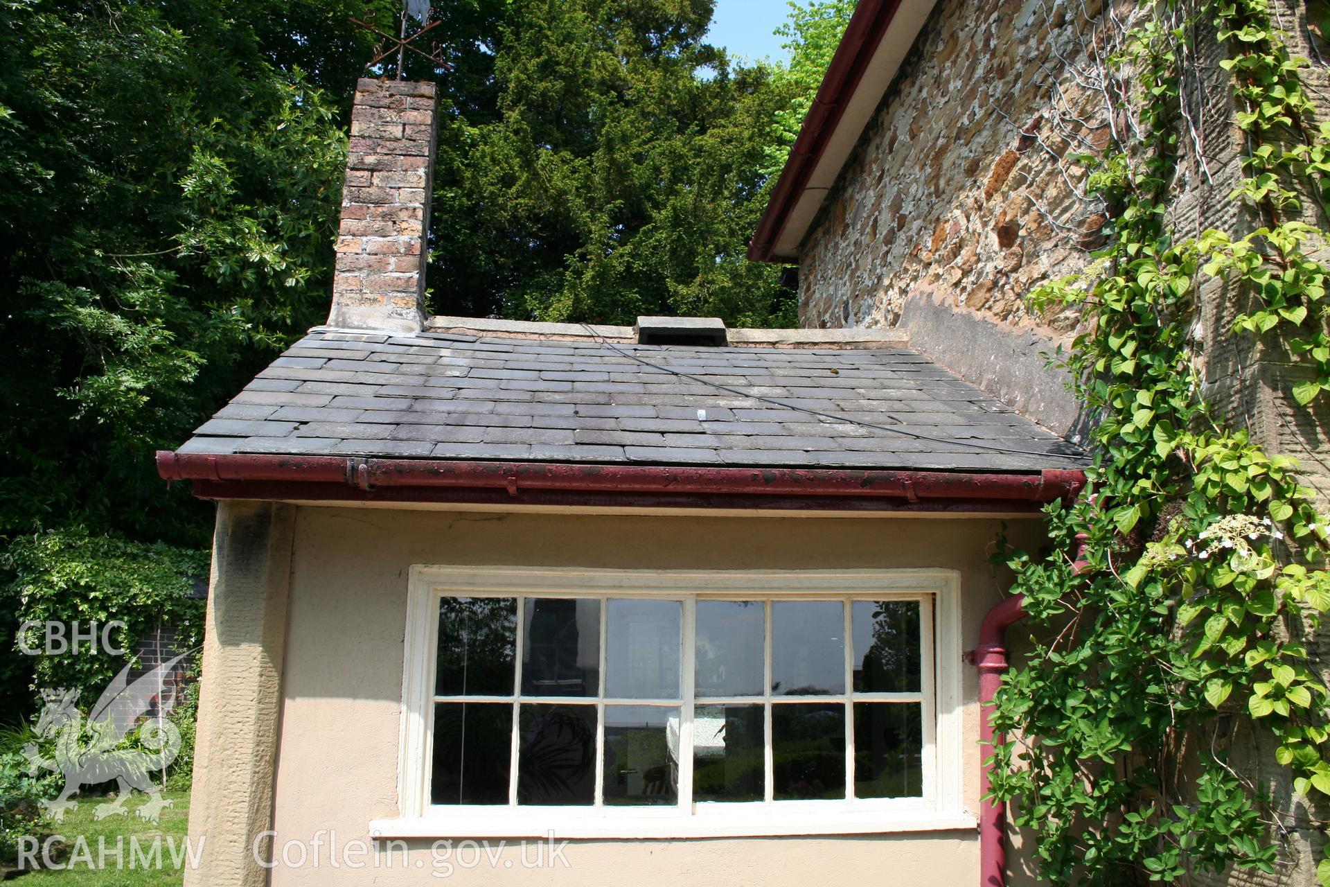 Wood bank Cottage Pontcysyllte. Projection at south-west end with sandstone columns, horizontal sliding window.