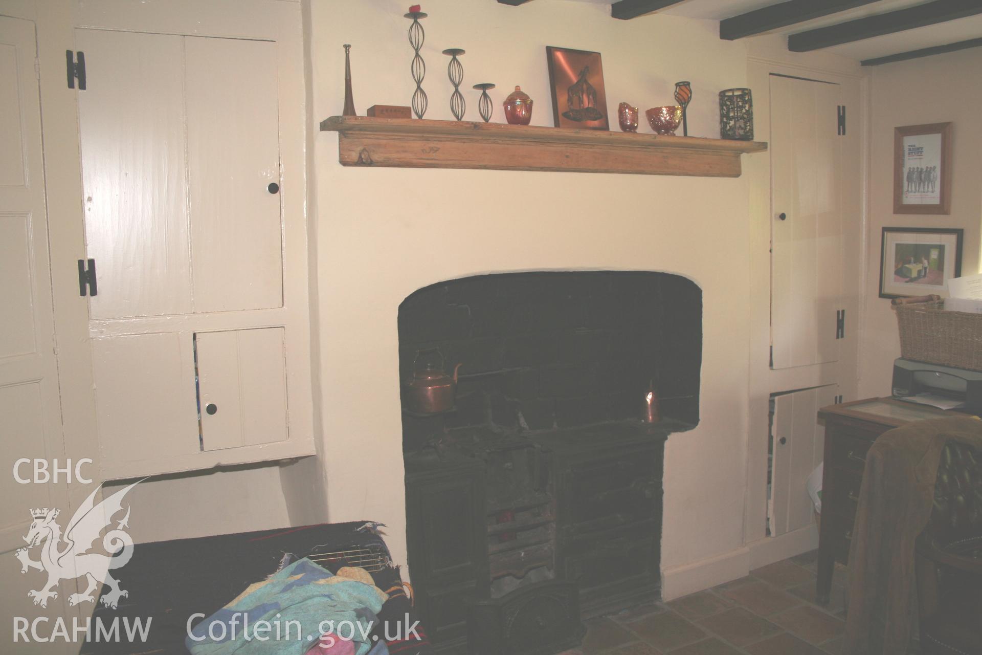 Wood bank Cottage Pontcysyllte. Interior, ground-floor kitchen fireplace & cupboards.