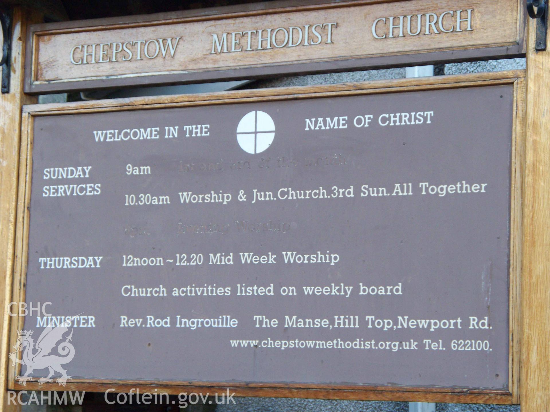'Chepstow Methodist Church' order of services board.