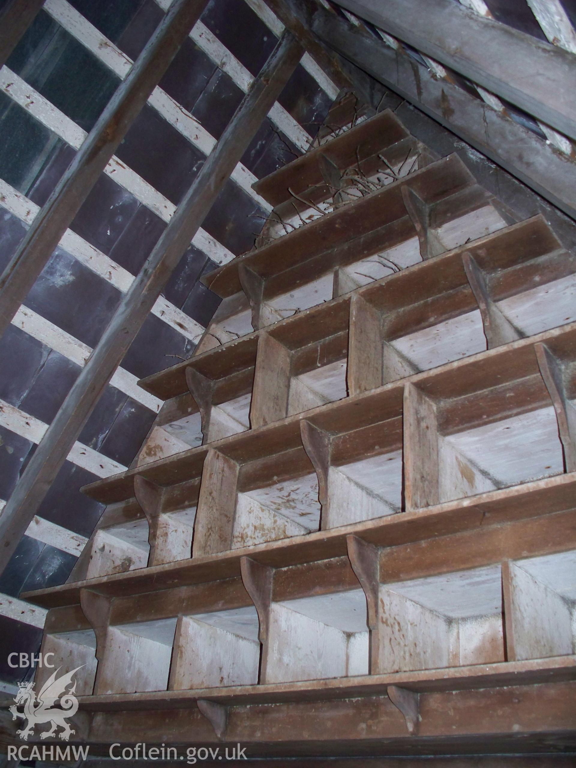 Nesting-boxes without fronts in gable.