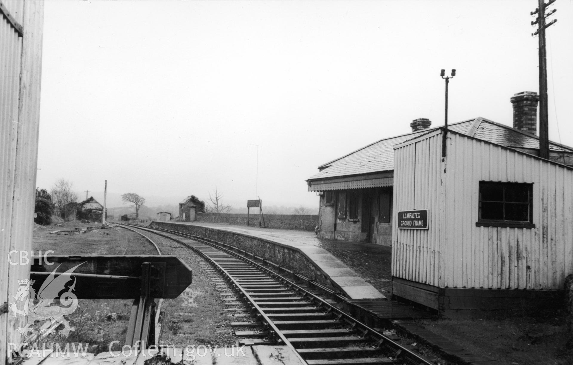Black and white photograph showing view of Llanfallteg Railway Station. From Rokeby Album IV  no 5a.