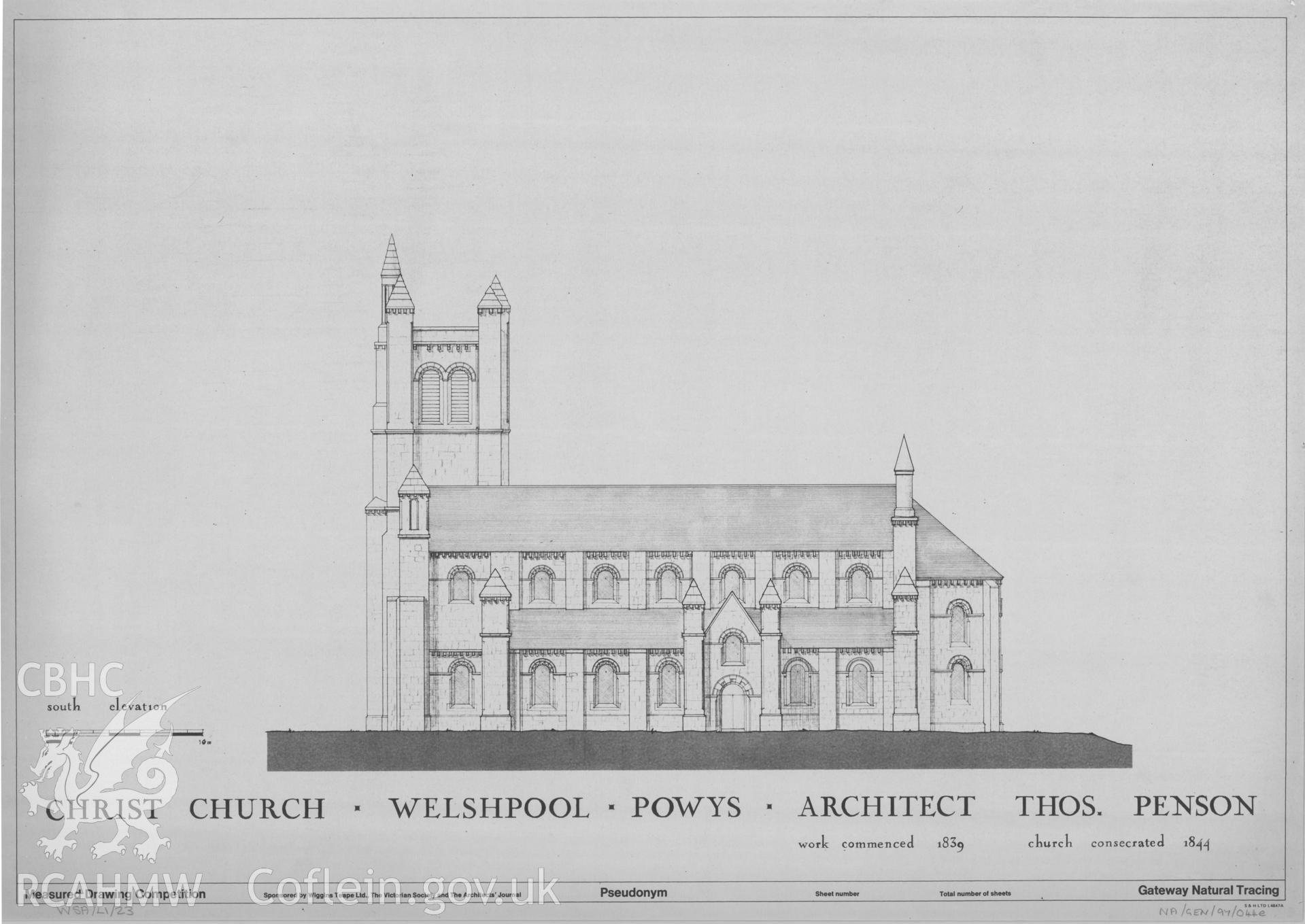 Measured drawing showing south elevation of Christ Church, Welshpool, produced by D. G. Lloyd, I. Rose and G. Usherwood, 1978