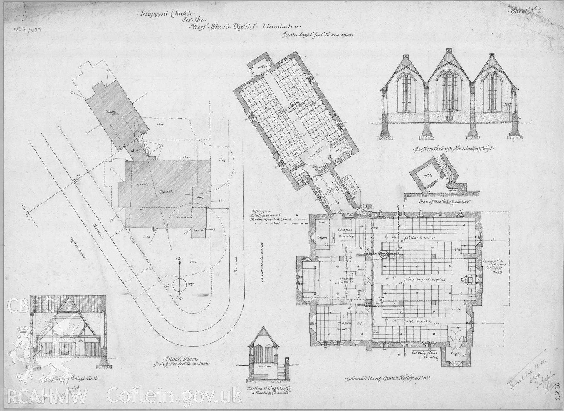 Plans, with sections, of a proposed design for a church for the West Shore district of Llandudno (Our Saviour's Church), pen on paper, scale eight feet to one inch. The plan was submitted by North as an entry for an architectural competiton to design the church, but was unsuccessful. Our Saviour's is therefore built to a different design.