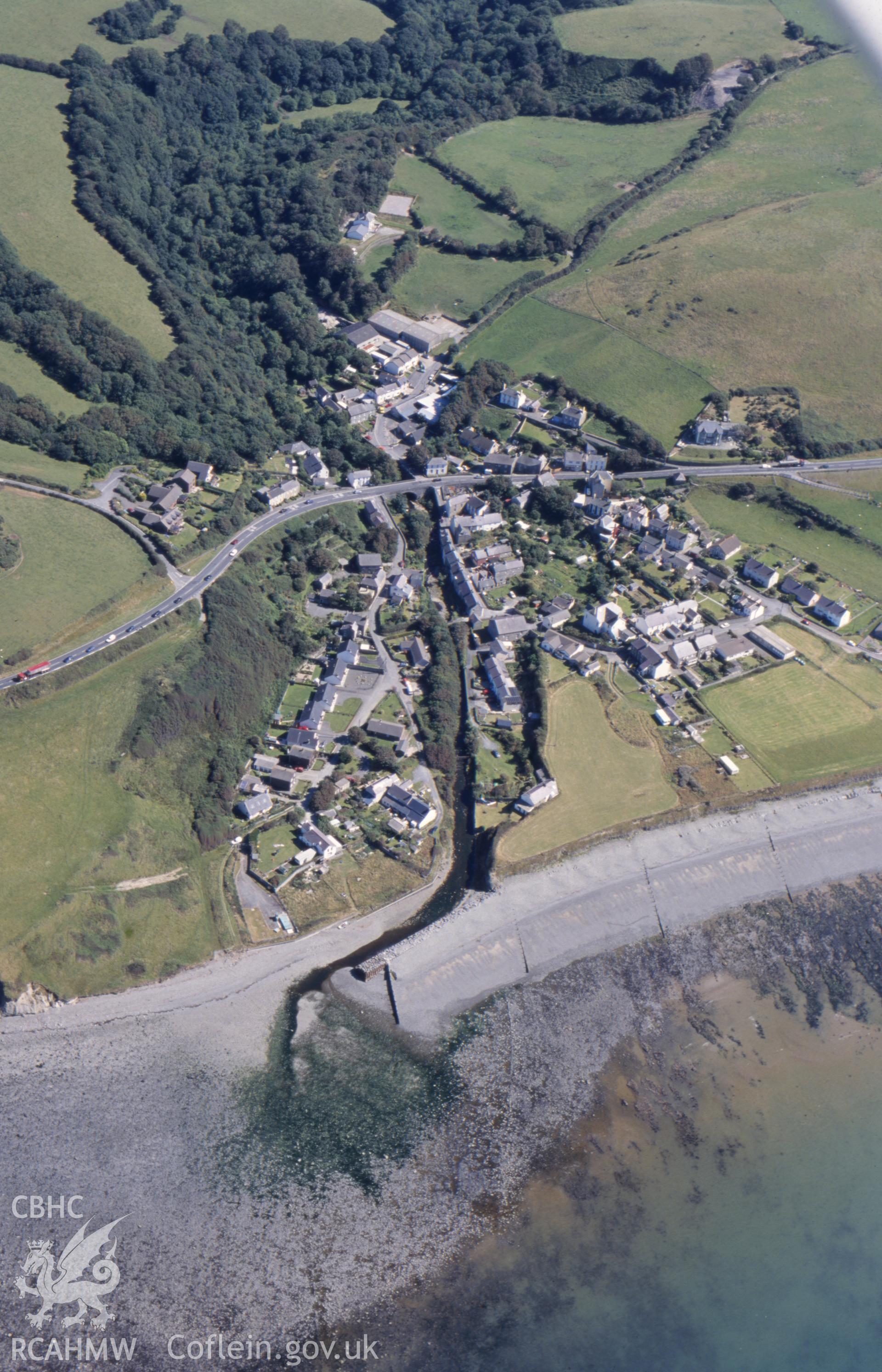 RCAHMW colour slide oblique aerial photograph of Aberarth Village, Dyffryn Arth, taken by T.G.Driver on the 17/07/2000