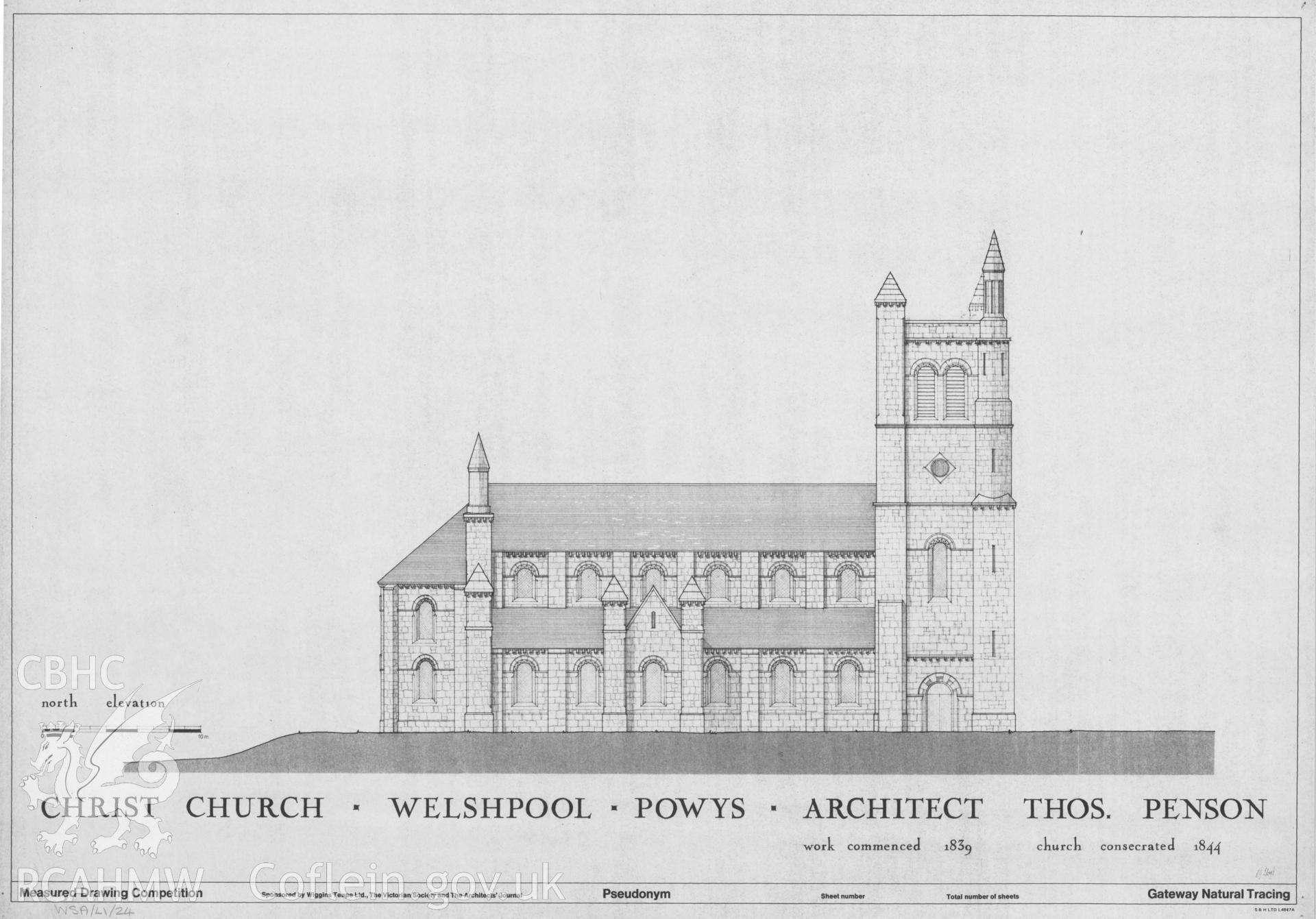 Measured drawing showing north elevation of Christ Church, Welshpool, produced by D. G. Lloyd, 1978