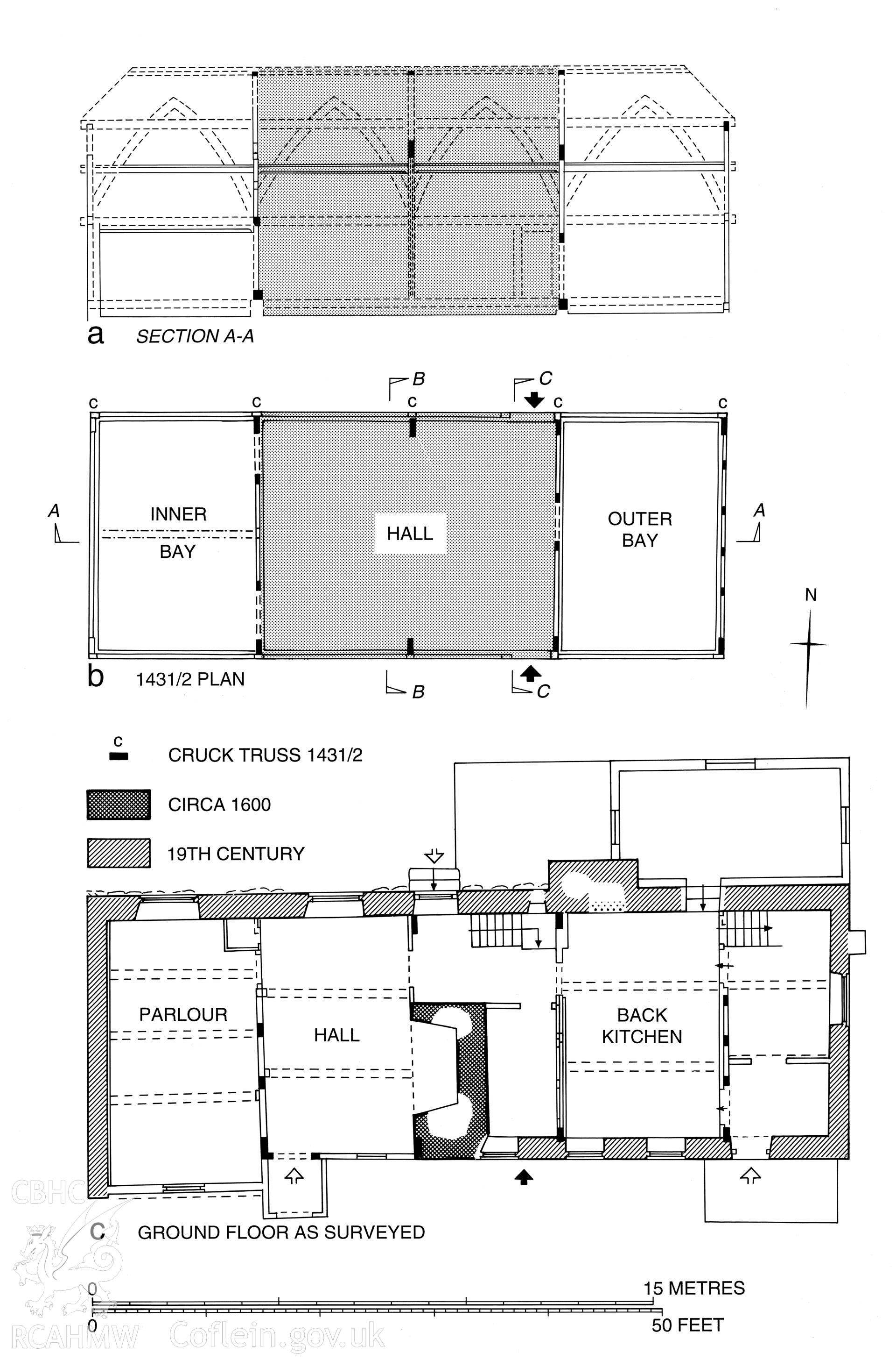 Llanshay, Knighton; measured drawing showing longitudinal section, ground floor plan as surveyed and reconstructed plan of 1431-1432, as published in the RCAHMW volume, Houses and History in the Marches of Wales.  Radnorshire 1400-1800,  page 67, figure 61.