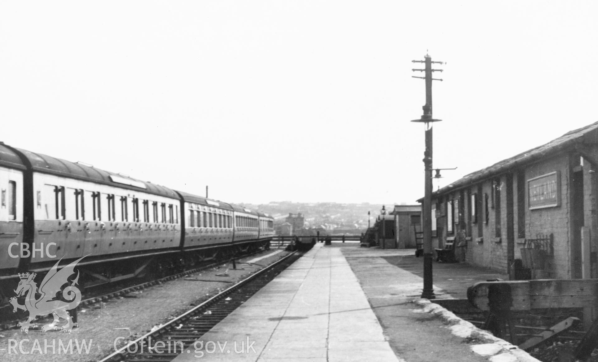 Black and white photograph by H.C. Casserley, showing view of Neyland Railway Station. From Rokeby Album VIII no68.