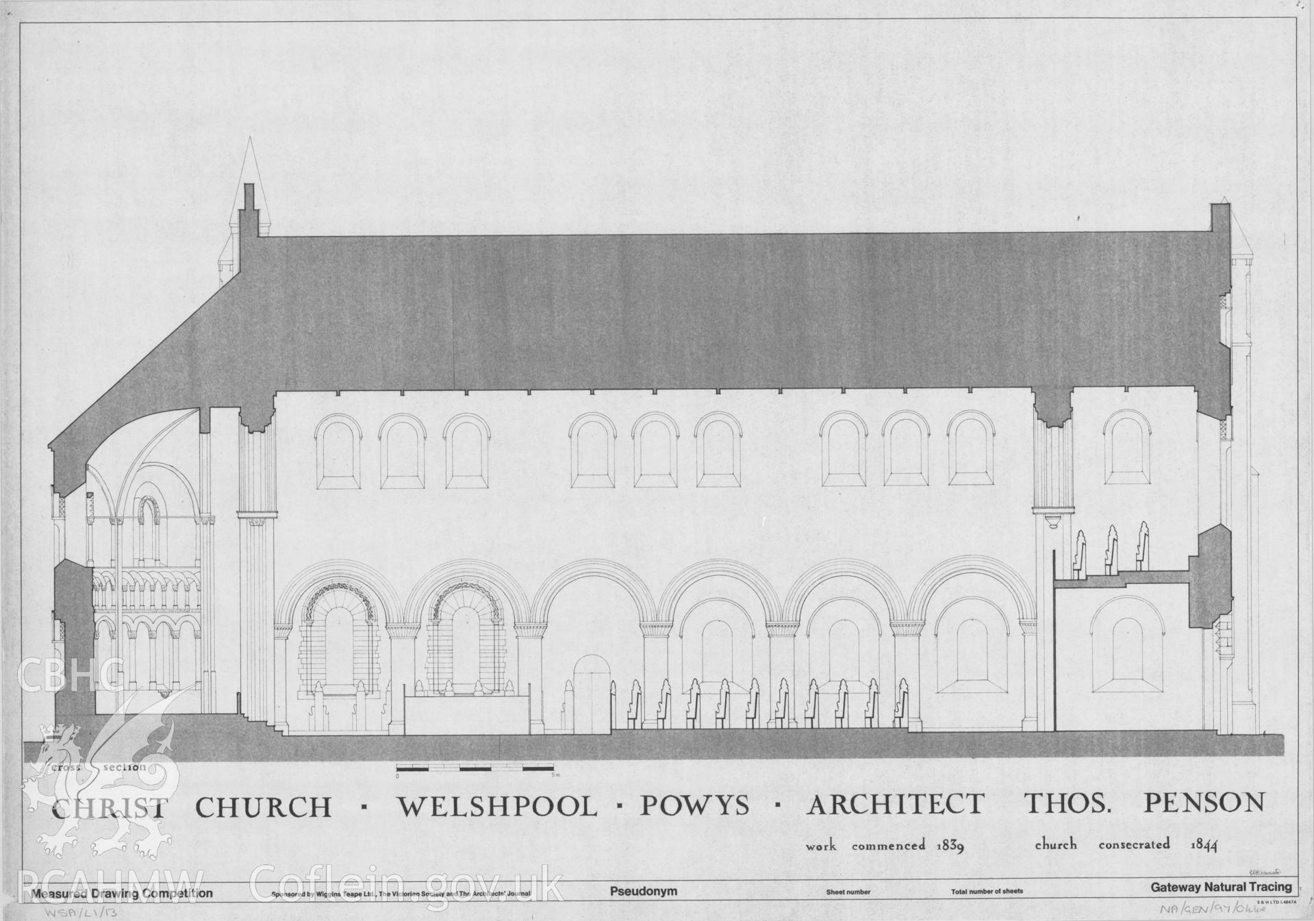 Measured drawing showing cross section view of Christ Church, Welshpool, produced by G. Usherwood, 1978