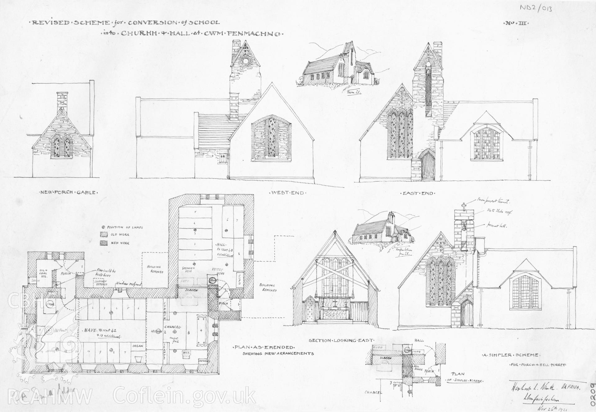 Plans, section, elevations and perspective drawing of a revised scheme for conversion of a disused National School into a church and hall at Cwm Penmachno (St Enclydwyn's Mission Church), ink on paper, no scale.