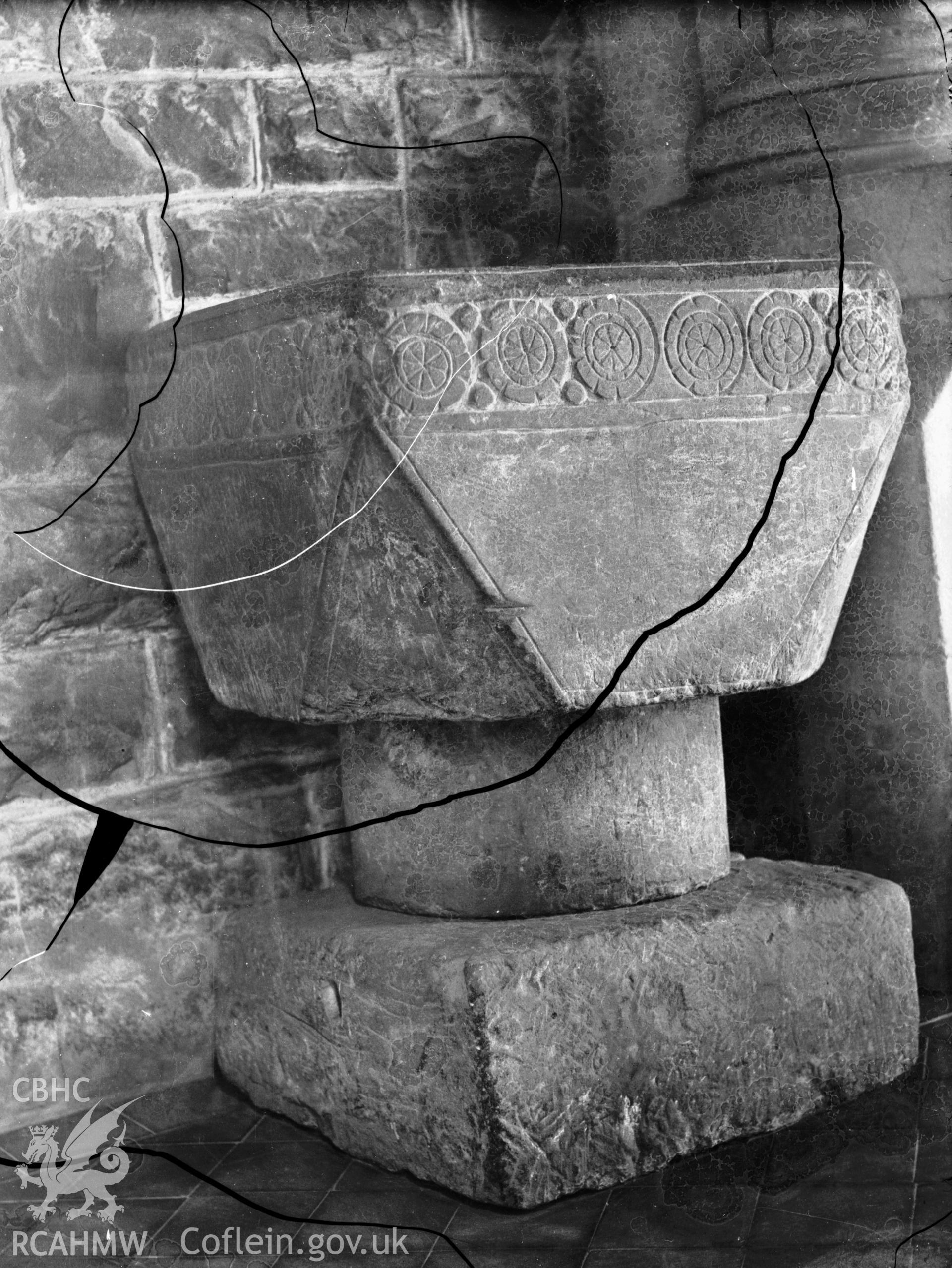 Black and white photo showing the font at Aberaeron Church.