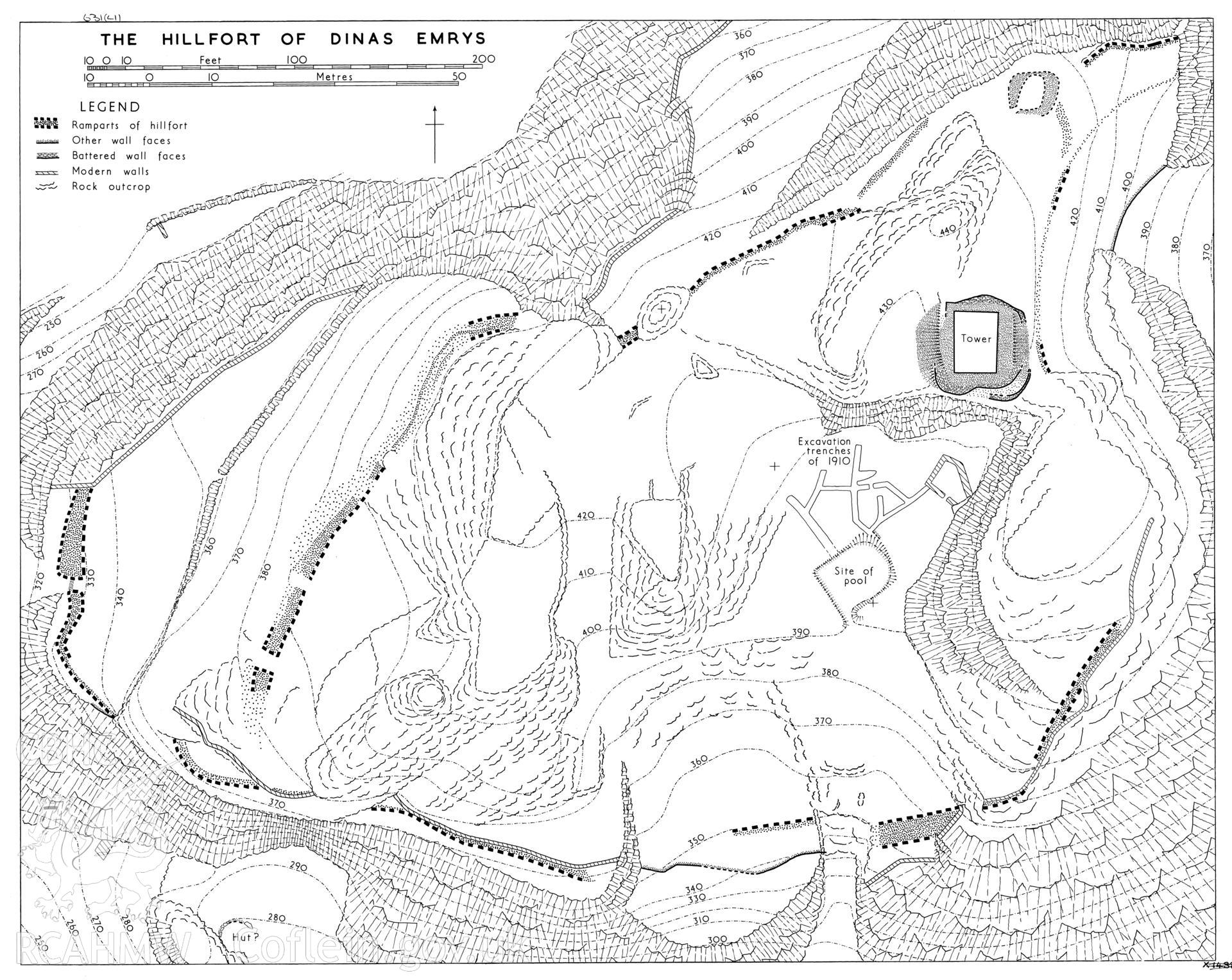 RCAHMW drawing (ink on linen) showing plan of Dinas Emrys, Beddgelert.