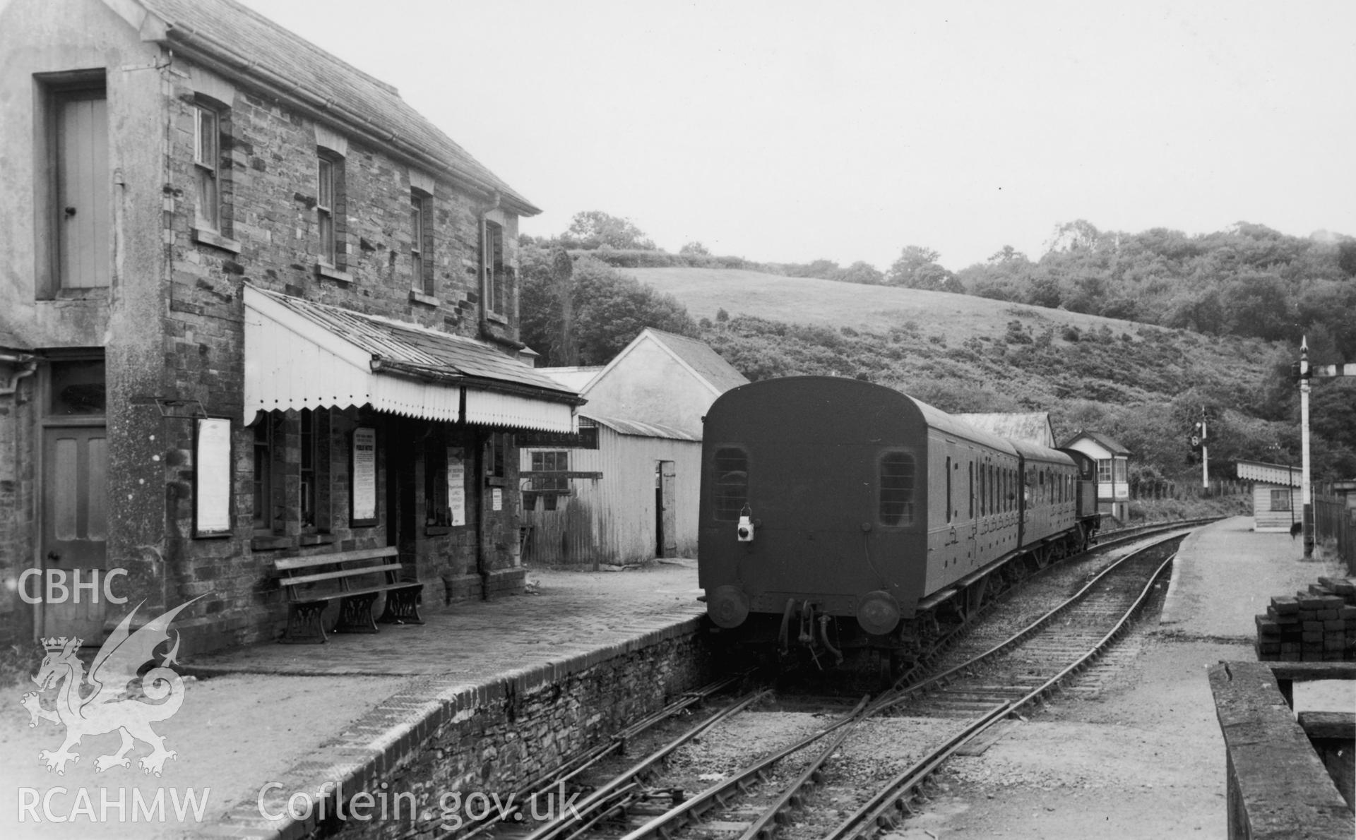 Black and white photograph by R.N. Joanes showing view of Llanglydwen Railway Station. From Rokeby Album III  no 3b.