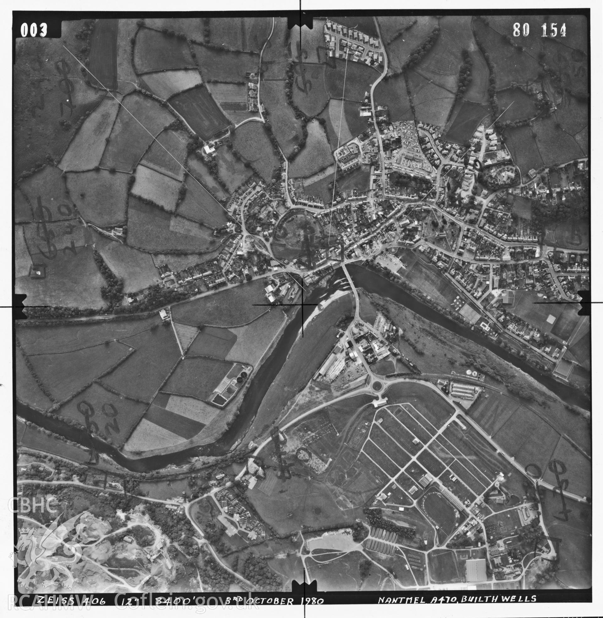 Digitized copy of an aerial photograph showing the Builth Wells area, taken by Ordnance Survey, 1980.