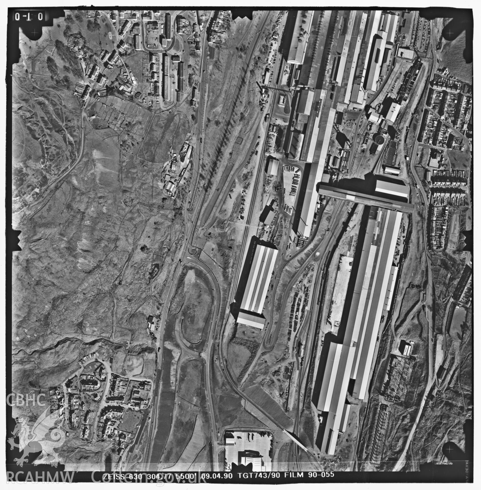 Digitized copy of an aerial photograph showing the Ebbw Vale Steelworks, taken by Ordnance Survey, 1990.
