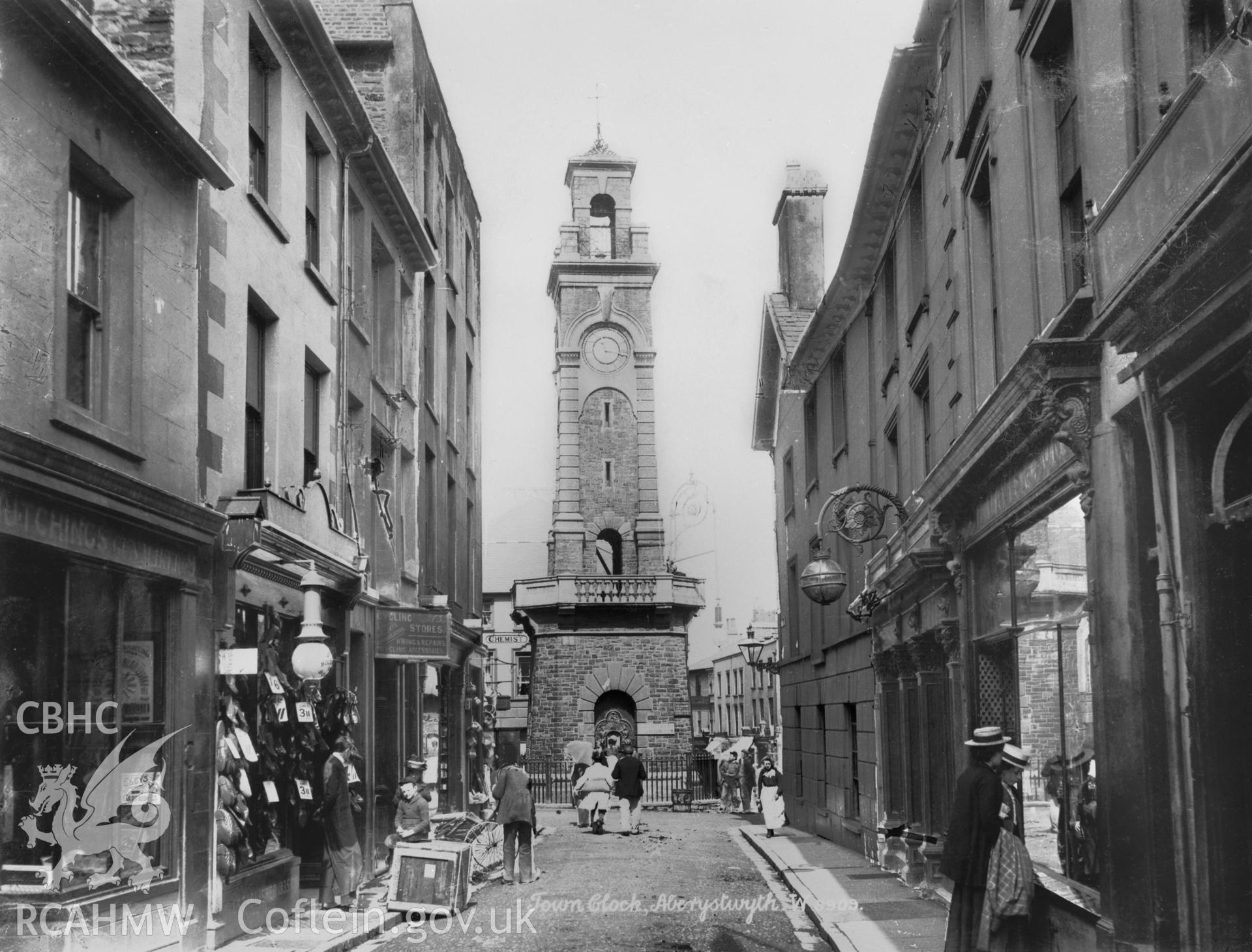 A black and white print of the Original Clock Tower Aberystwyth.