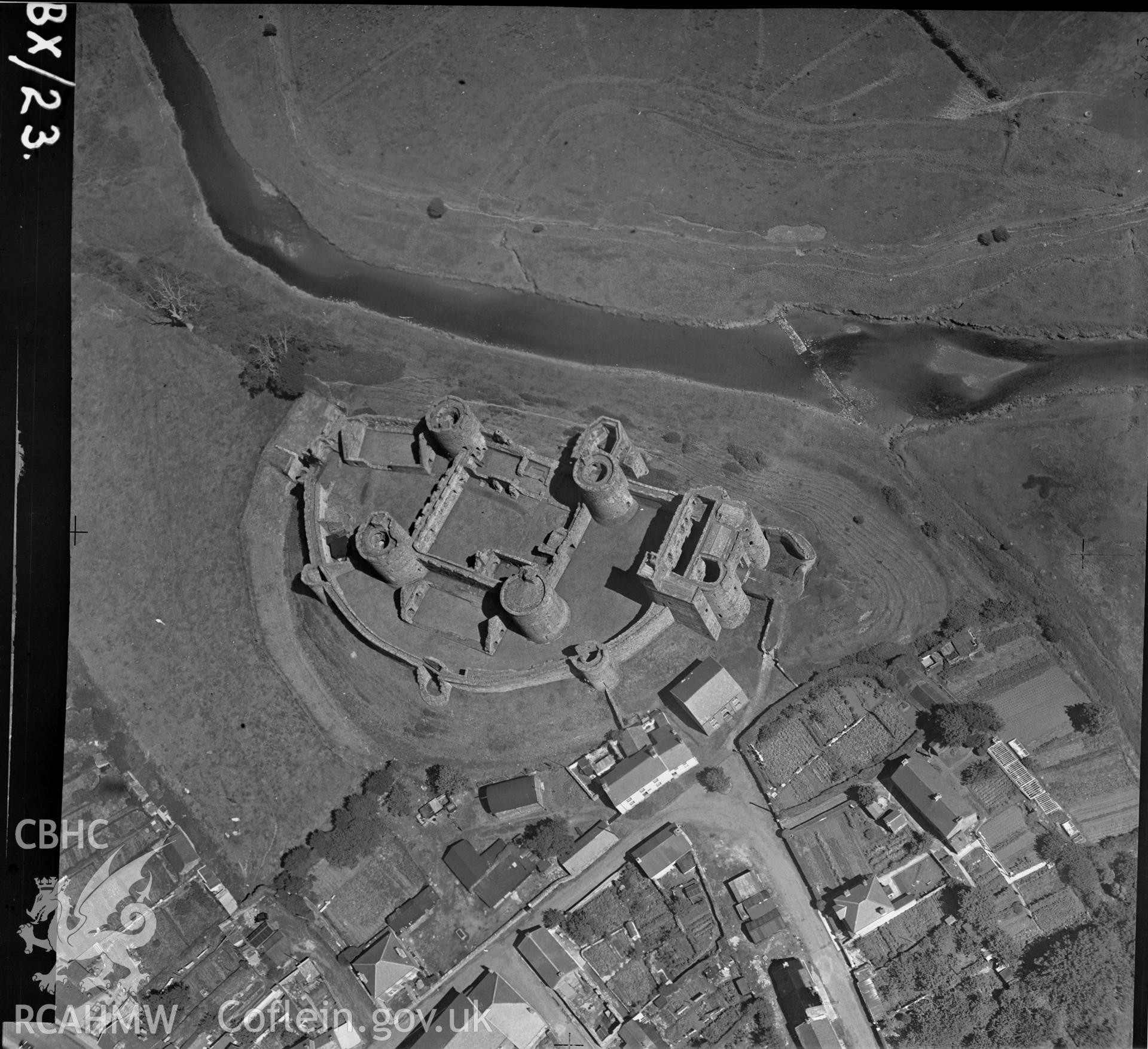 D.O.E photograph of Kidwelly Castle. Damaged neg. Aerial view ? St Joseph.