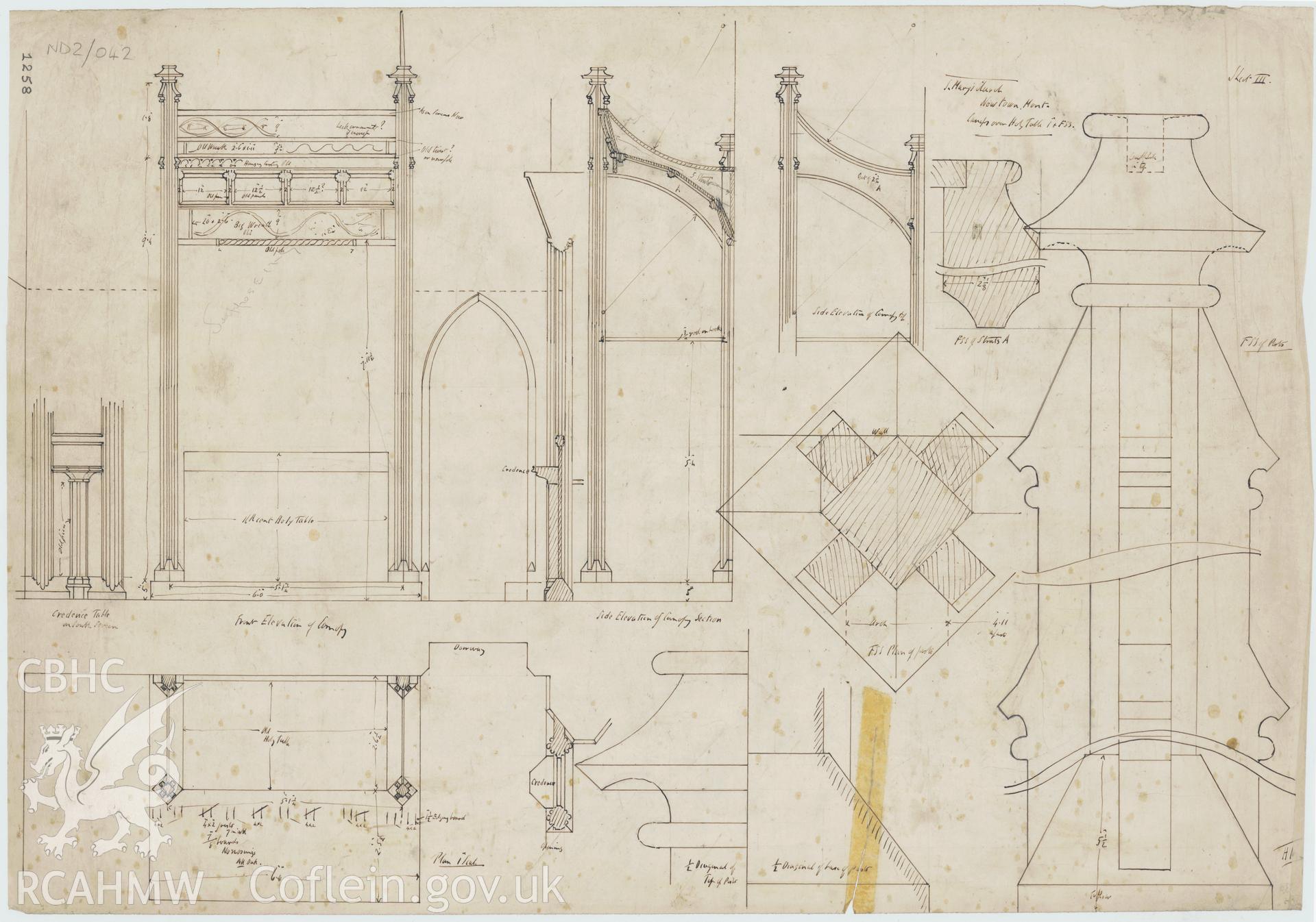 Plans, elevations and details of a screen for St Mary's New Church, Newtown. scales one foot to the inch and 1:1, ink on paper.